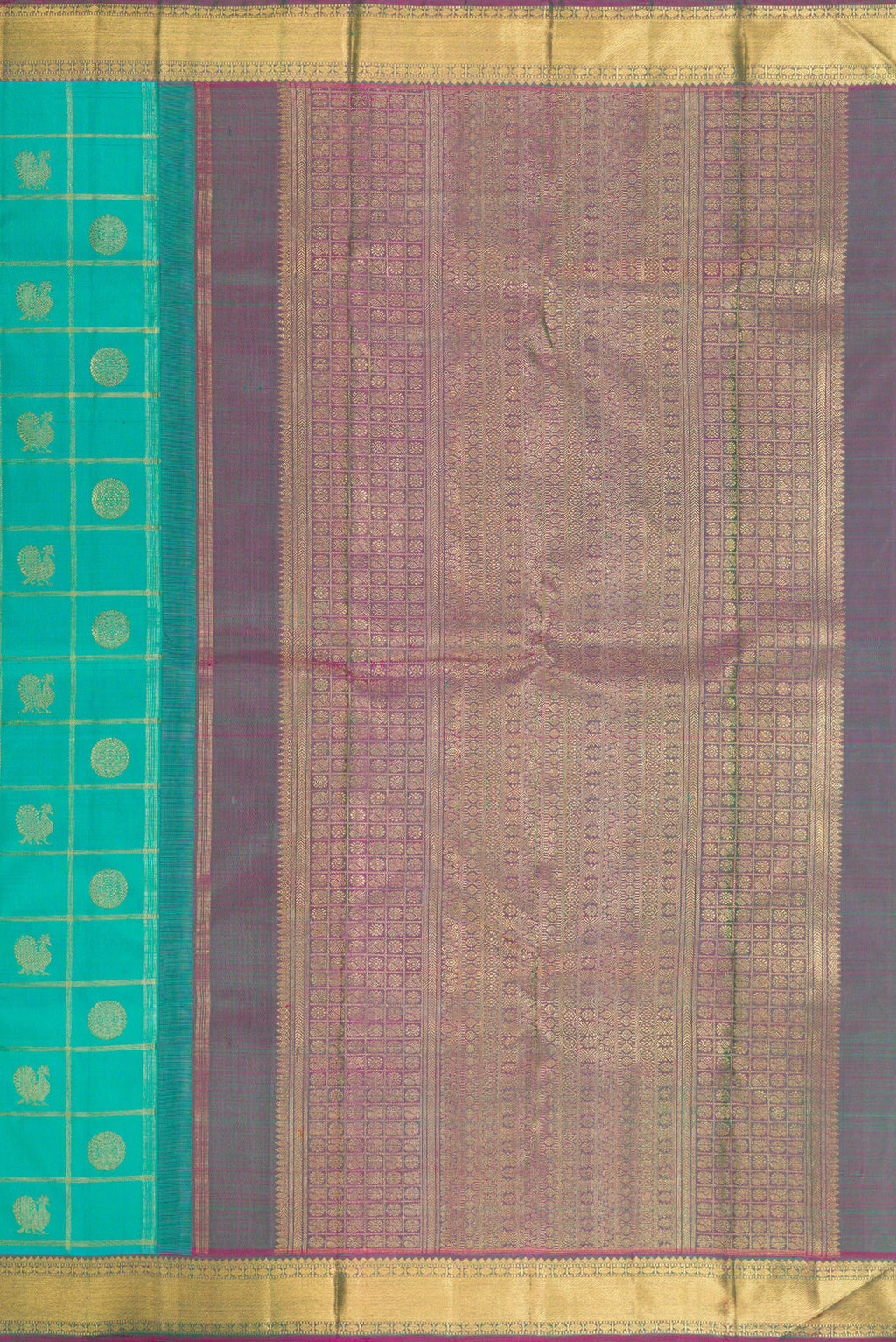 Close up image of the pallu of Pure Silk Pure Zari Sea Green Kanjivaram Saree with Checked design on the body and Zari Border. 
