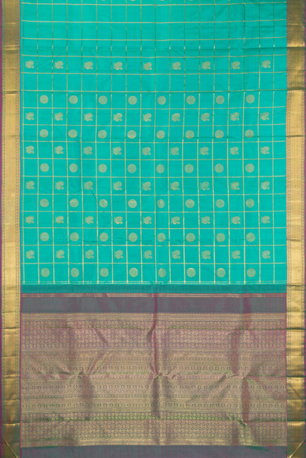 Flat view of Pure Silk Pure Zari Sea Green Kanjivaram Saree with Checked design on the body and Zari Border. 