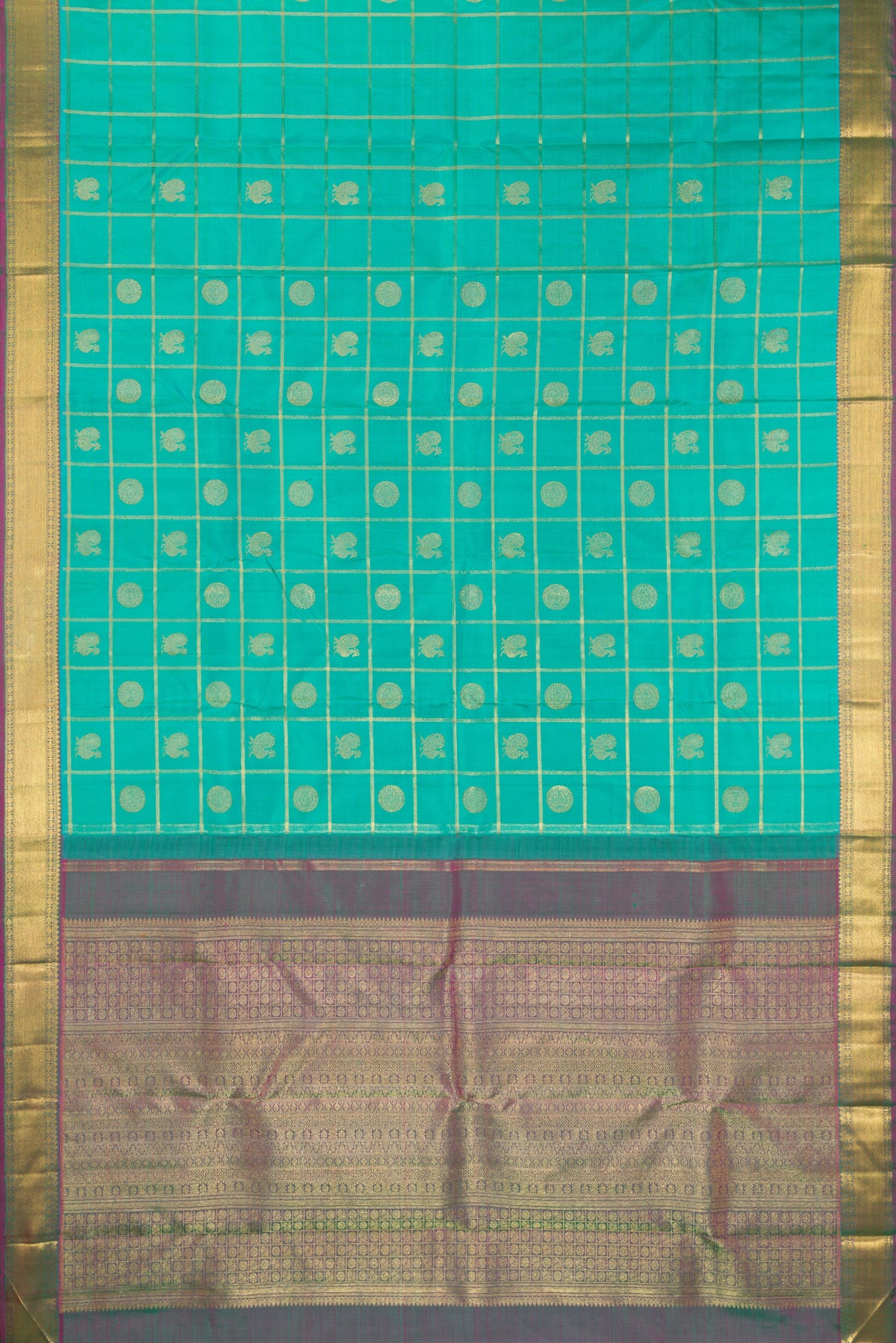 Flat view of Pure Silk Pure Zari Sea Green Kanjivaram Saree with Checked design on the body and Zari Border. 