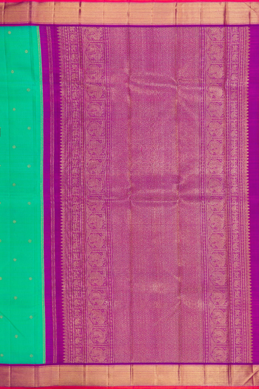 Close up image of the pallu of Pure Silk Pure Zari Sea Green Kanjivaram Saree with Zari Butta on the body and Zari Border. 