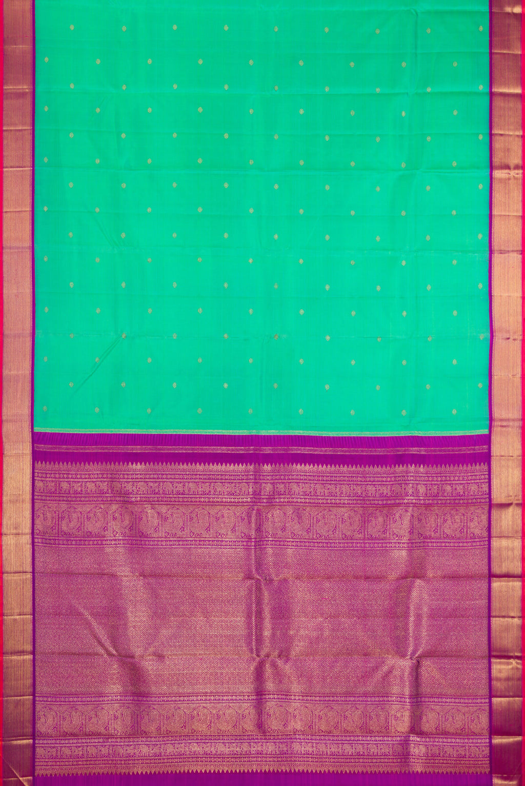 Flat view of Pure Silk Pure Zari Sea Green Kanjivaram Saree with Zari Butta on the body and Zari Border. 