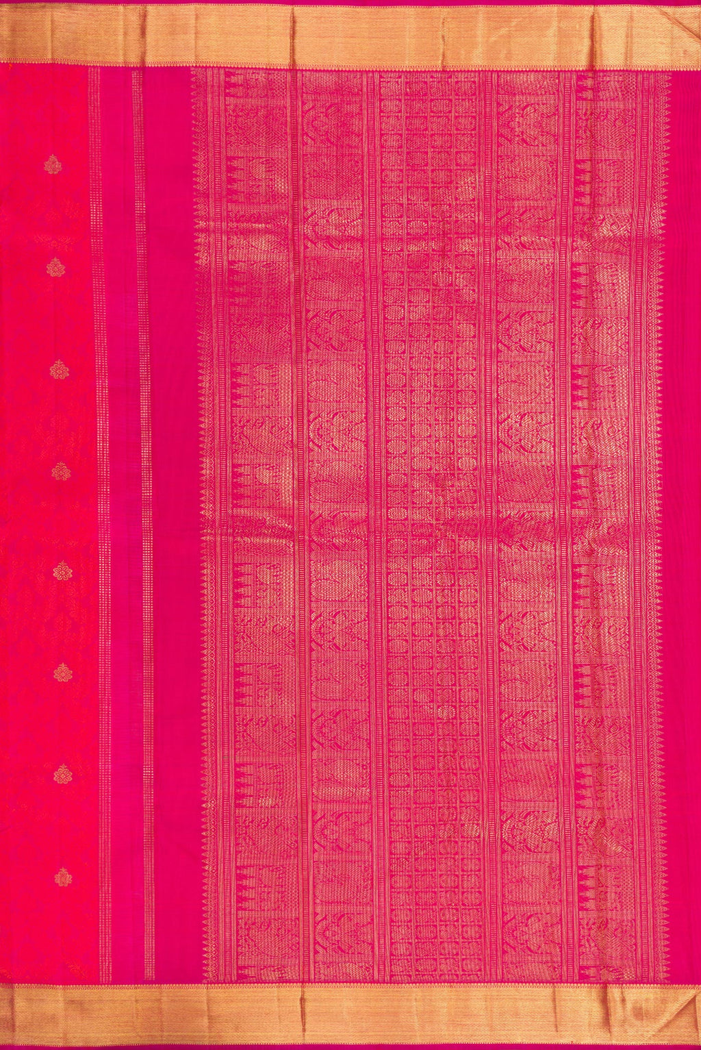 Close up image of the pallu of Pure Silk Pure Zari Pink Dual Tone Kanjivaram Saree with Jacquard With Zari Butta on the body and Zari Border. 