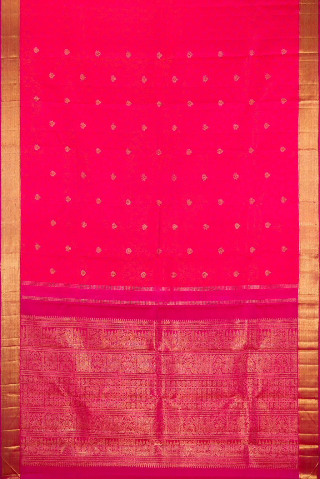 Flat view of Pure Silk Pure Zari Pink Dual Tone Kanjivaram Saree with Jacquard With Zari Butta on the body and Zari Border. 