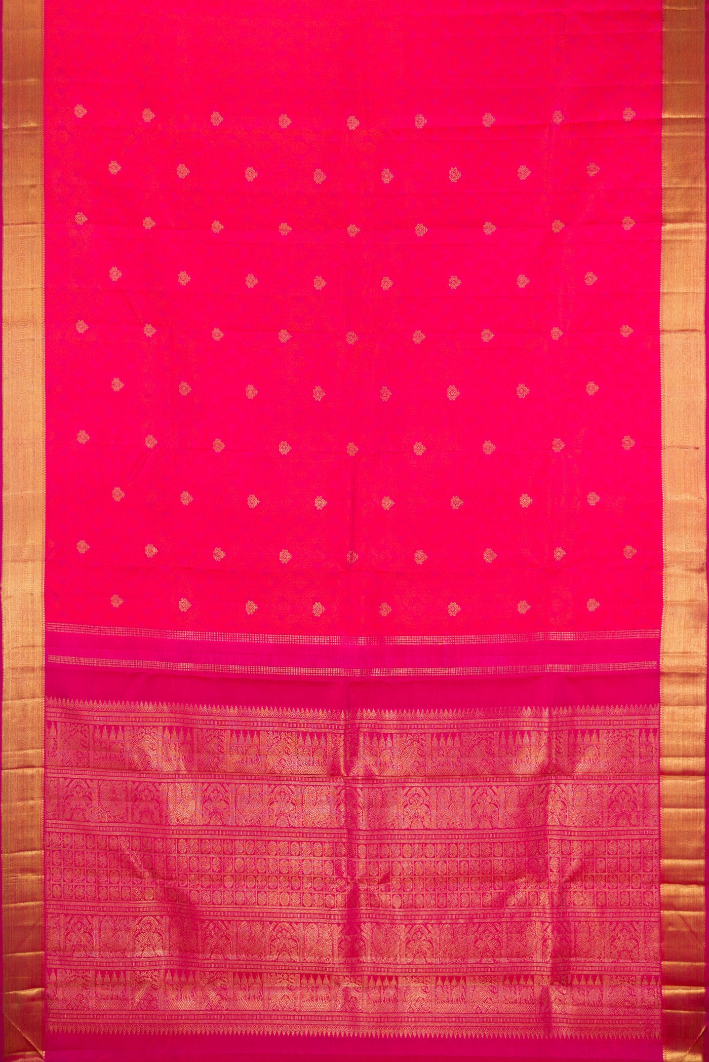 Flat view of Pure Silk Pure Zari Pink Dual Tone Kanjivaram Saree with Jacquard With Zari Butta on the body and Zari Border. 