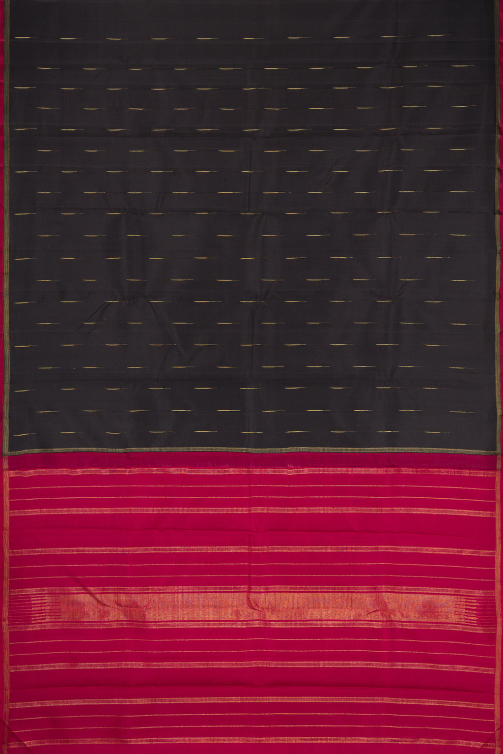 Flat view of Black Dual Tone Kanjivaram Silk Saree with Zari Butta on the body and Zari Border. 