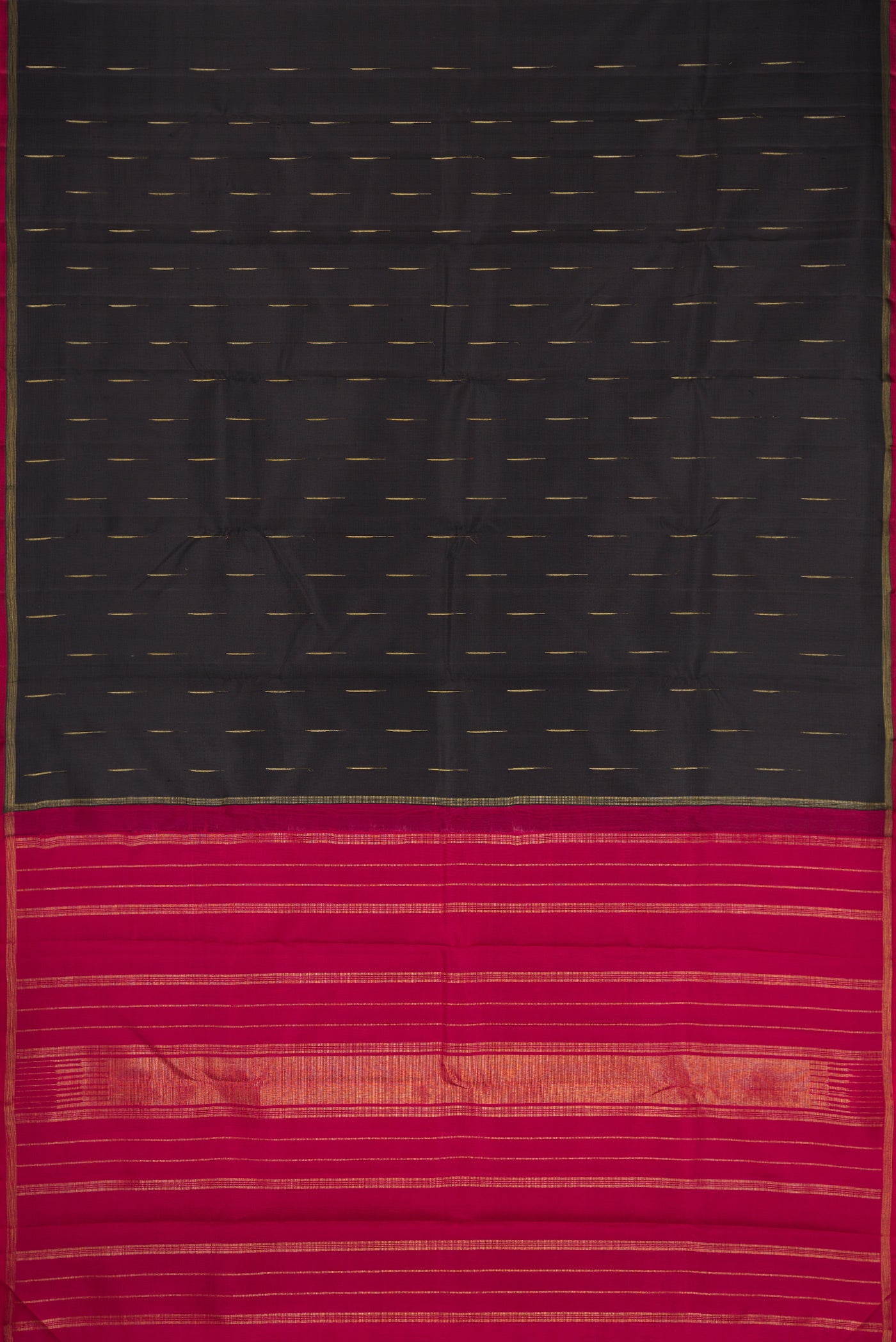 Flat view of Black Dual Tone Kanjivaram Silk Saree with Zari Butta on the body and Zari Border. 