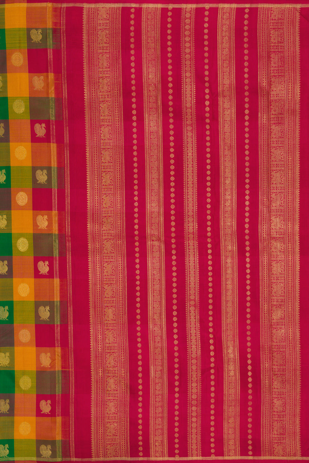 Close up image of the pallu of Green, Red and Mustard Color Kanchipuram Silk Saree with Checked design on the body and Without Border. 