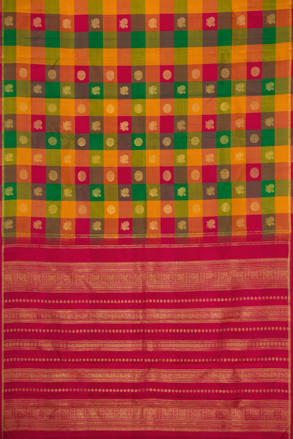 Flat view of Green, Red and Mustard Color Kanchipuram Silk Saree with Checked design on the body and Without Border. 