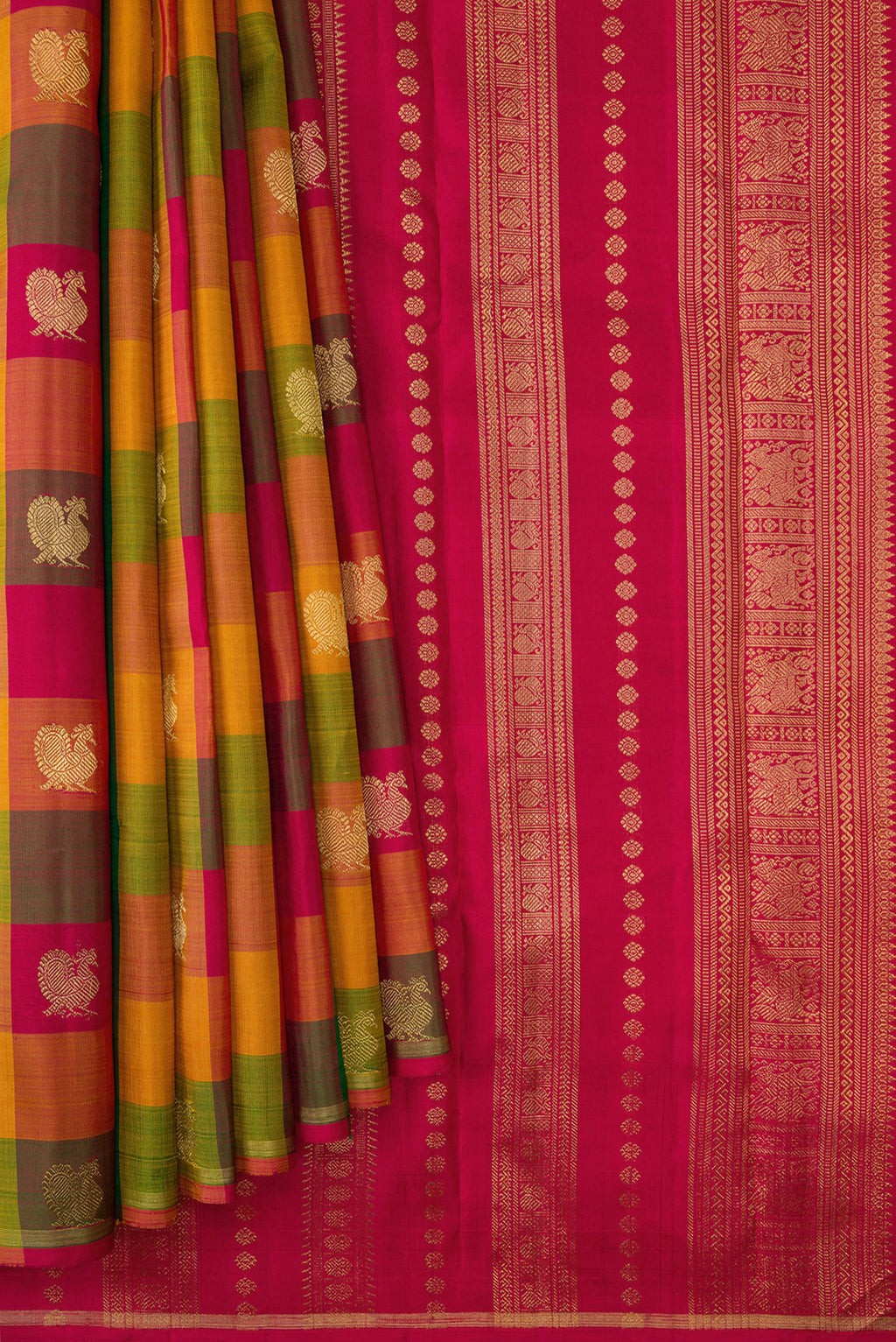 Pleats and pallu of Green, Red and Mustard Color Kanchipuram Silk Saree with Checked design on the body and Without Border. 