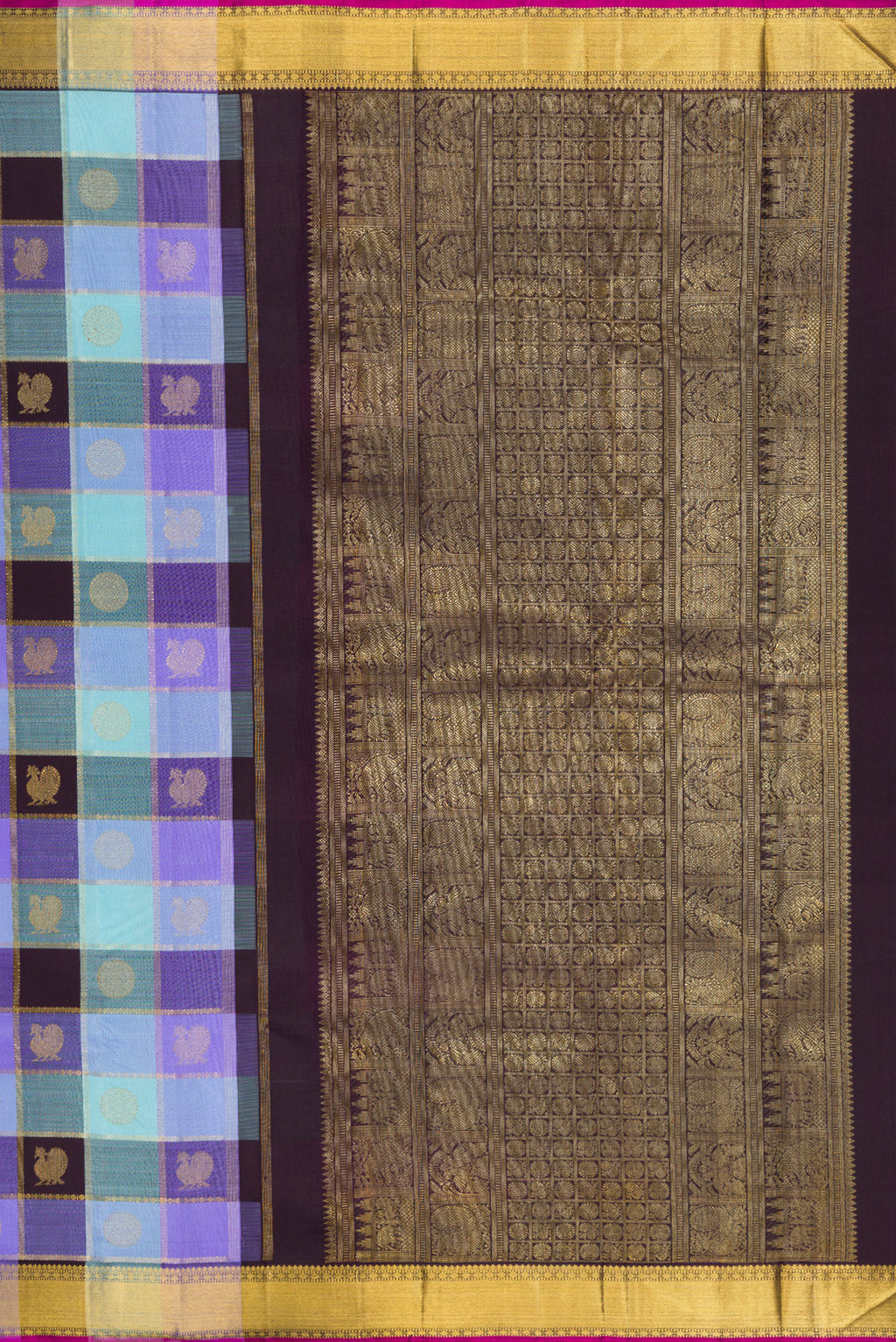 Close up image of the pallu of Pure Silk Pure Zari Multi Color Kanjivaram Saree with Checked design on the body and Zari Border. 