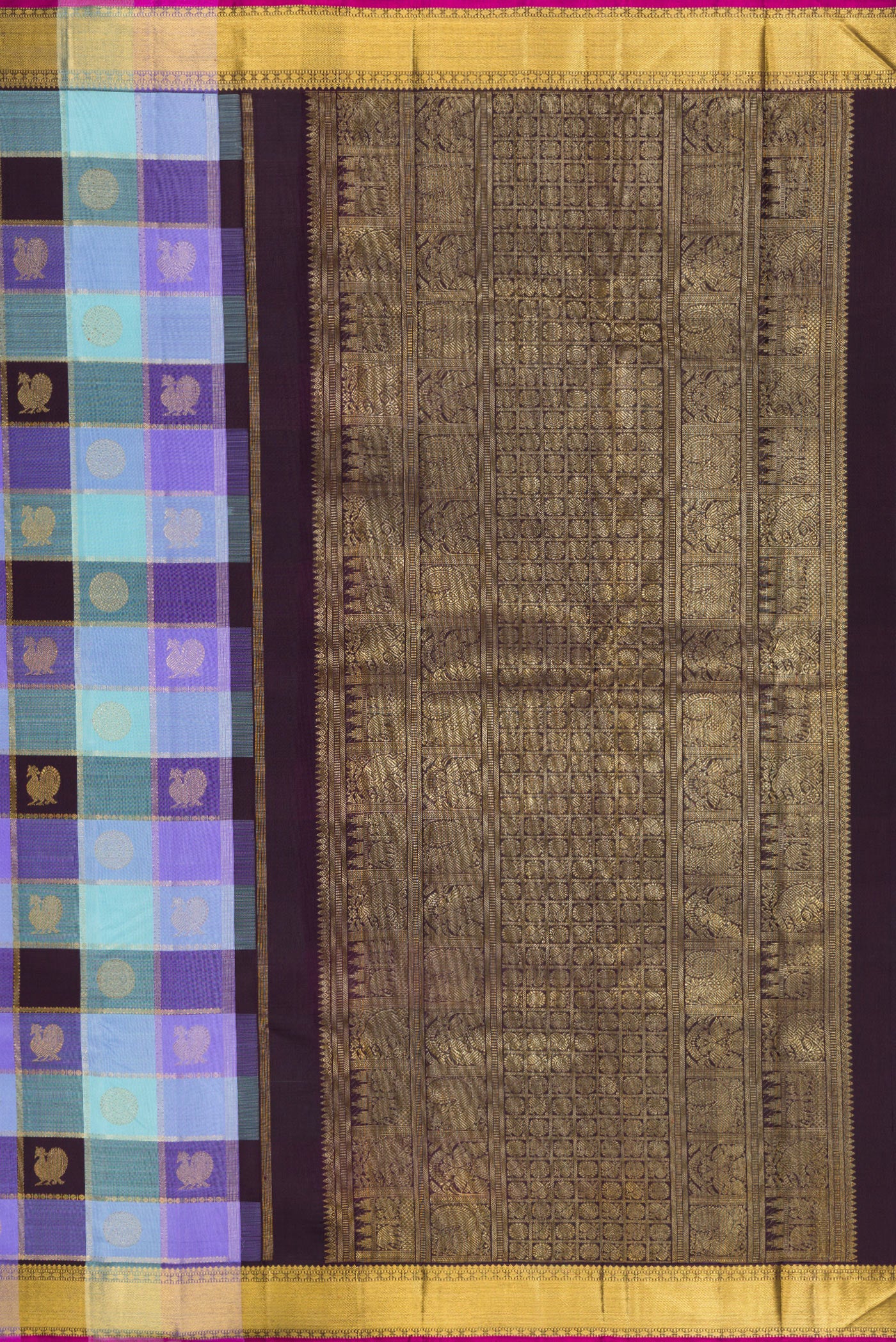 Close up image of the pallu of Pure Silk Pure Zari Multi Color Kanjivaram Saree with Checked design on the body and Zari Border. 