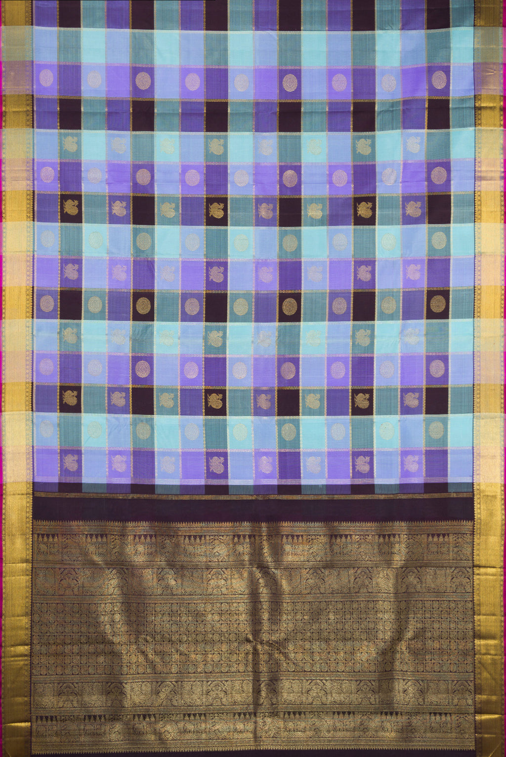 Flat view of Pure Silk Pure Zari Multi Color Kanjivaram Saree with Checked design on the body and Zari Border. 