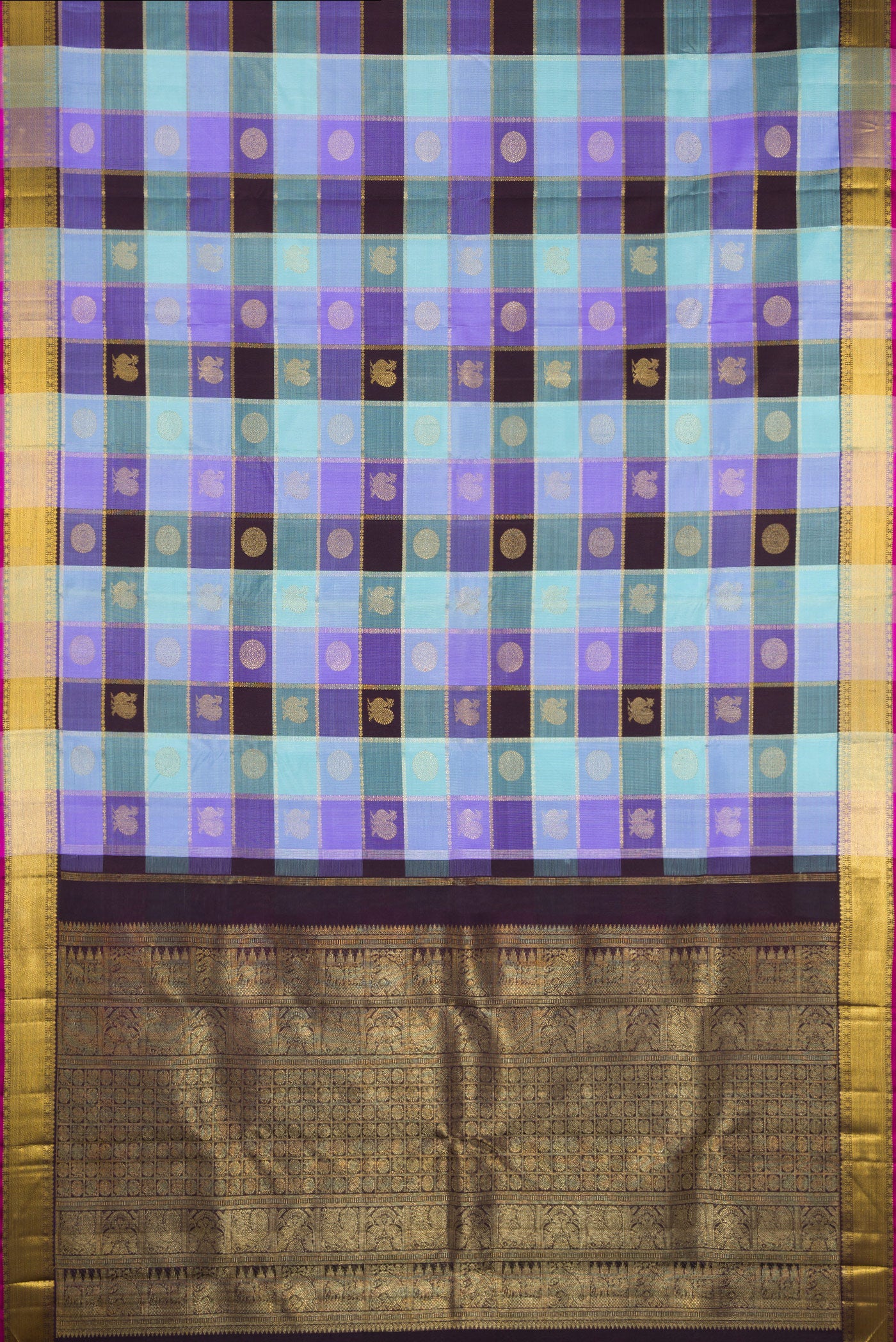Flat view of Pure Silk Pure Zari Multi Color Kanjivaram Saree with Checked design on the body and Zari Border. 