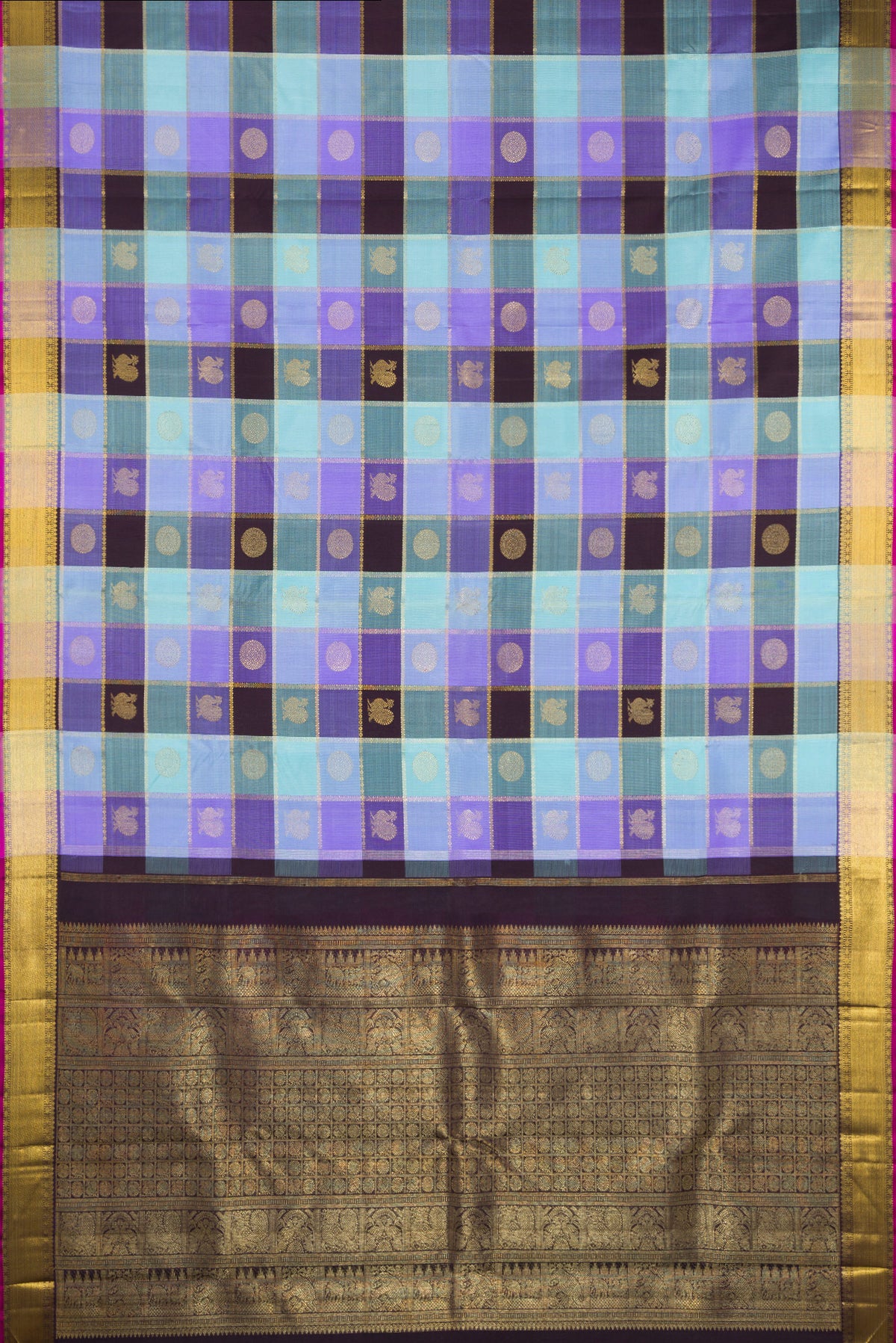 Flat view of Pure Silk Pure Zari Multi Color Kanjivaram Saree with Checked design on the body and Zari Border. 