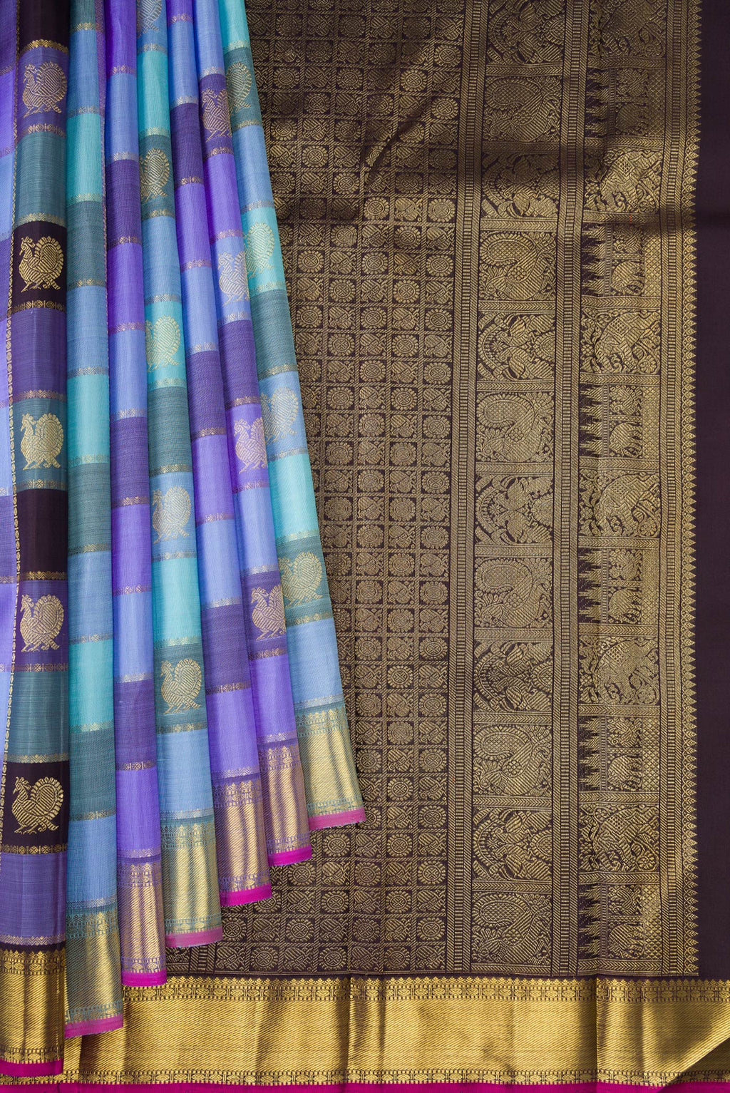 Pleats and pallu of Pure Silk Pure Zari Multi Color Kanjivaram Saree with Checked design on the body and Zari Border. 