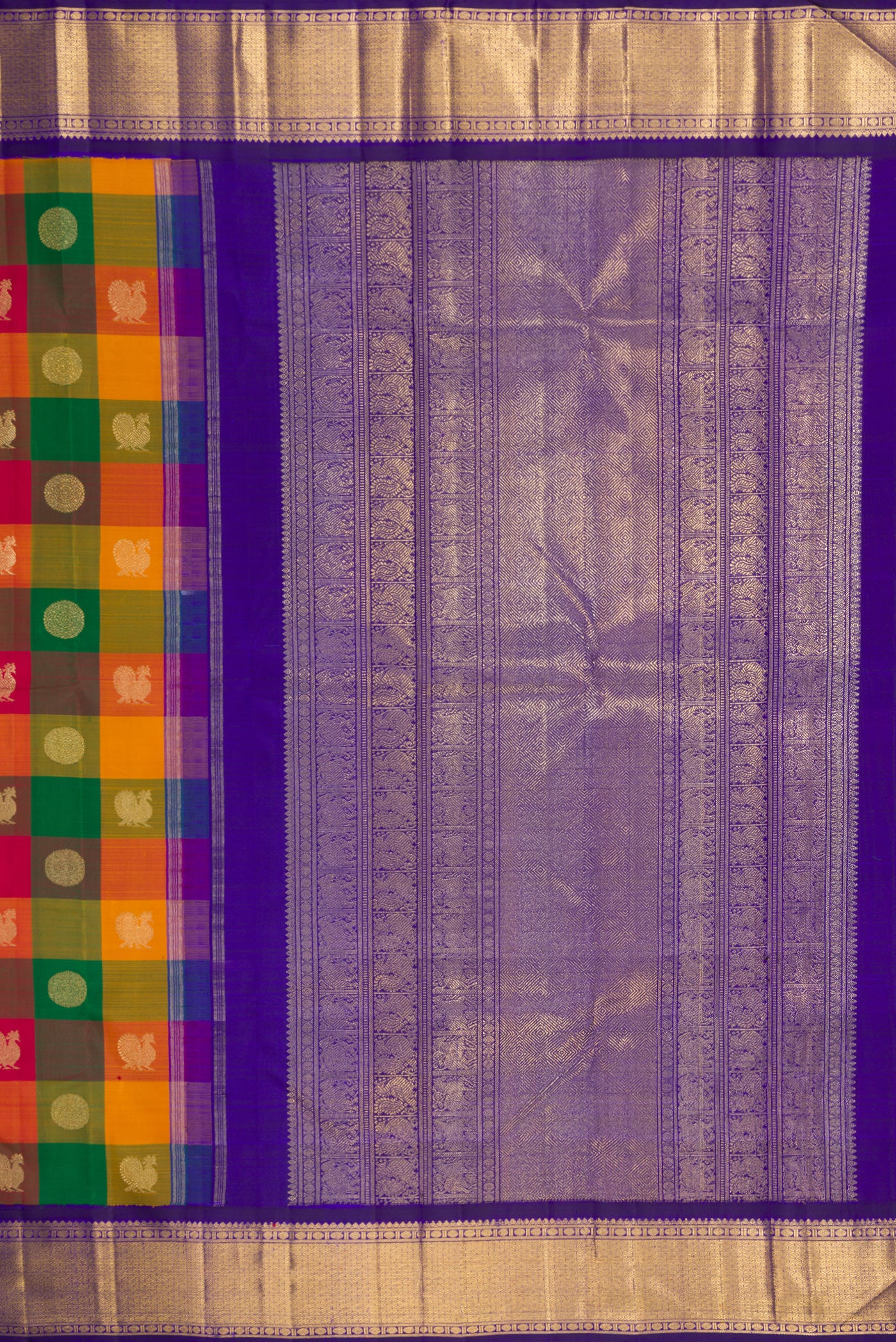 Close up image of the pallu of Pure Silk Pure Zari Multi Color Kanjivaram Saree with Checked design on the body and Zari Border. 