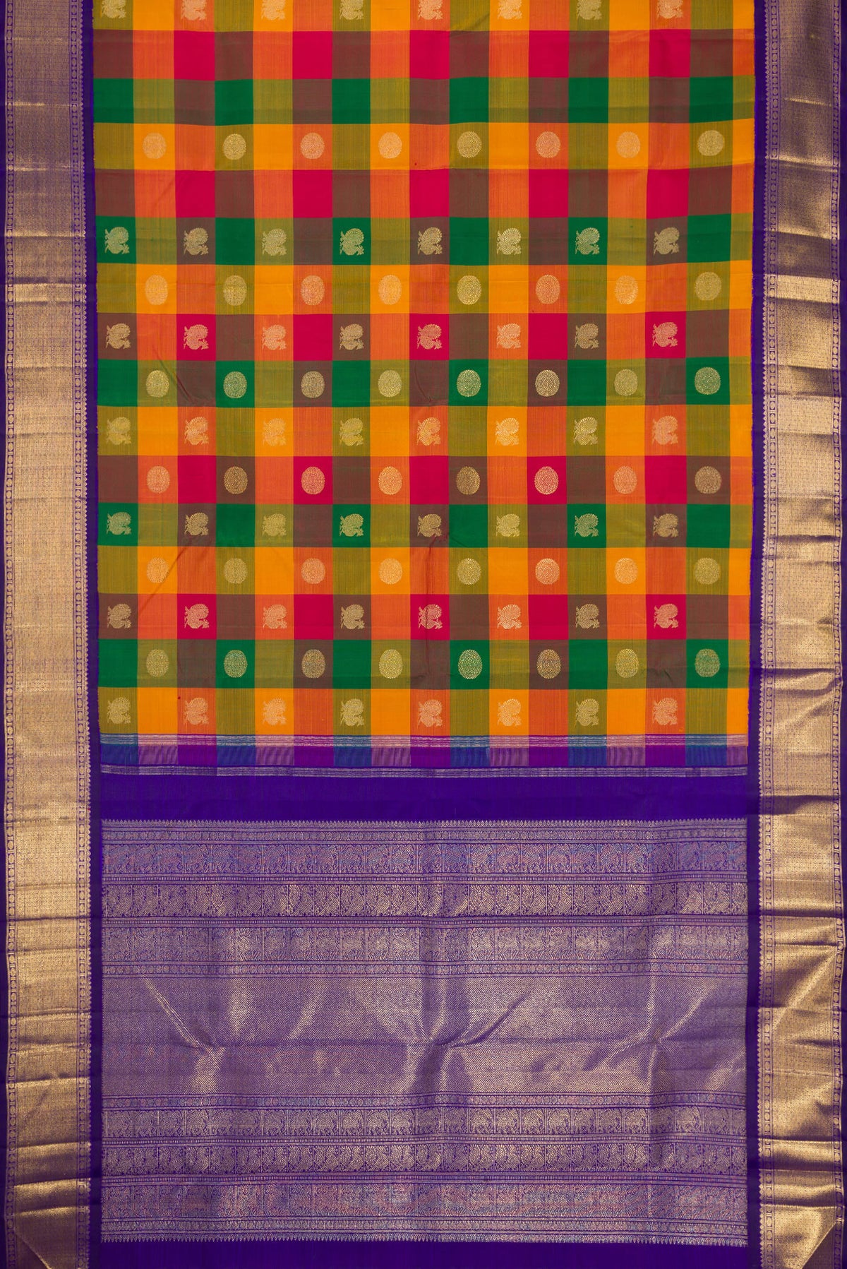 Flat view of Pure Silk Pure Zari Multi Color Kanjivaram Saree with Checked design on the body and Zari Border. 