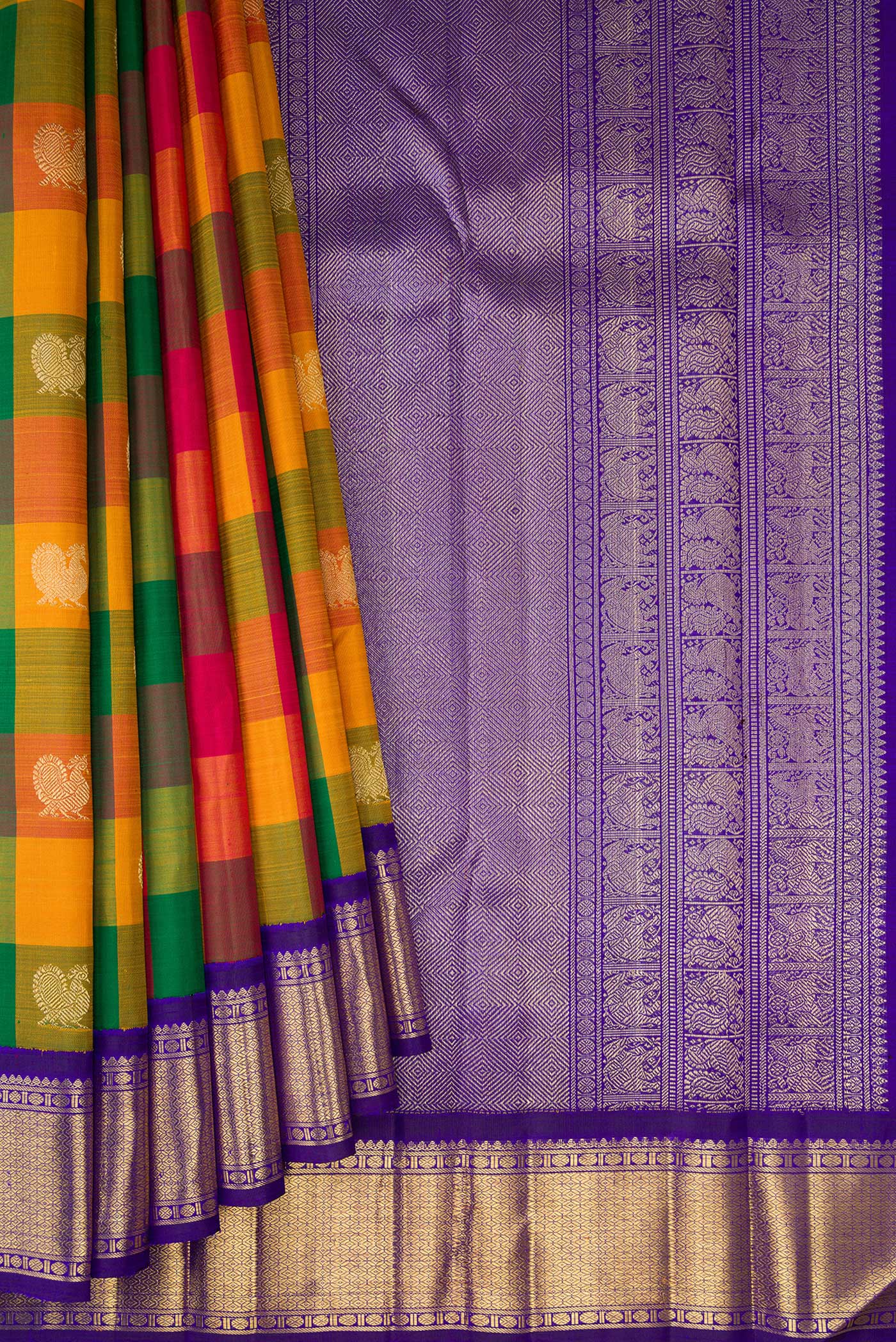 Pleats and pallu of Pure Silk Pure Zari Multi Color Kanjivaram Saree with Checked design on the body and Zari Border. 