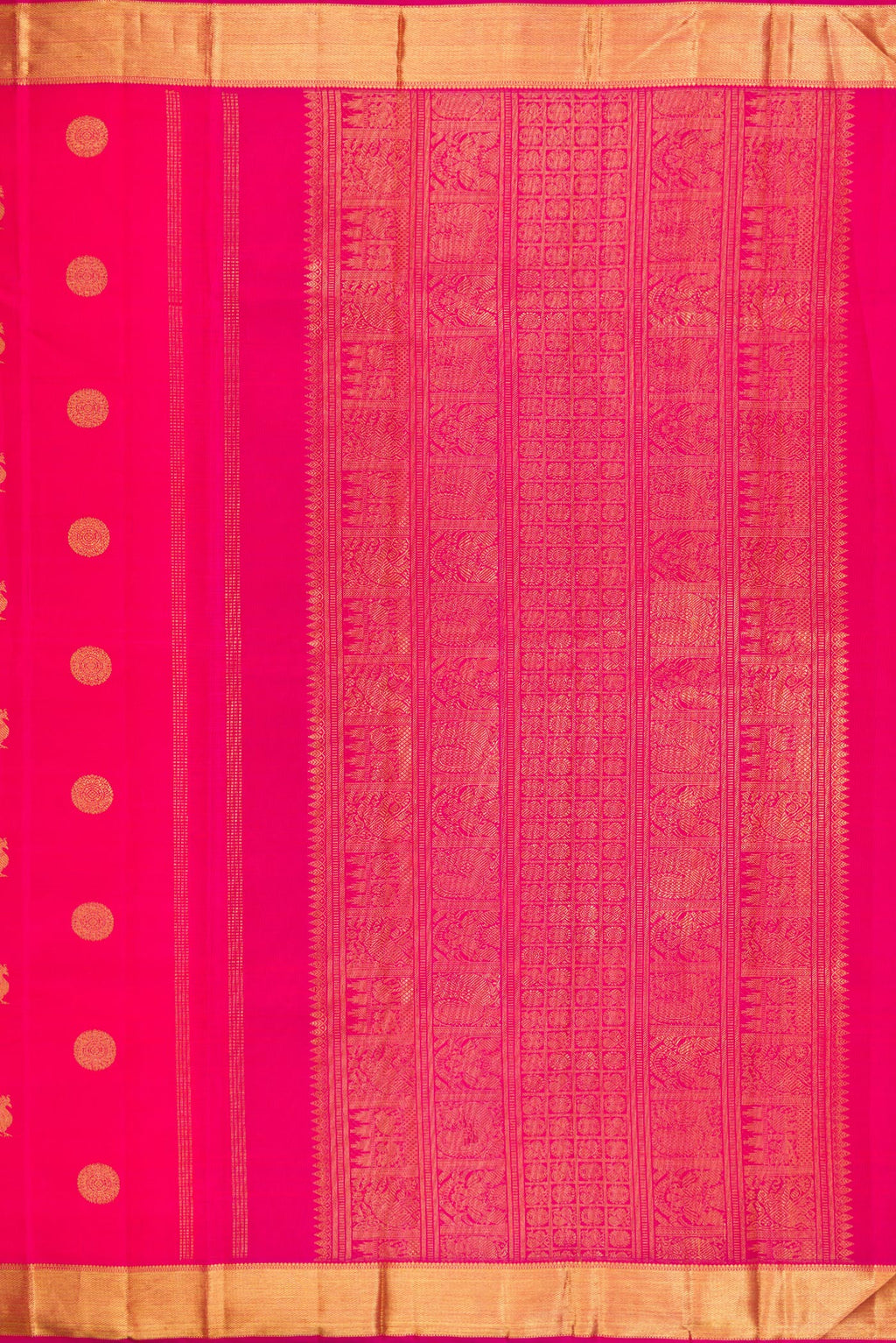Close up image of the pallu of Pure Silk Pure Zari Pink Kanchipuram Saree with Zari Butta on the body and Zari Border. 