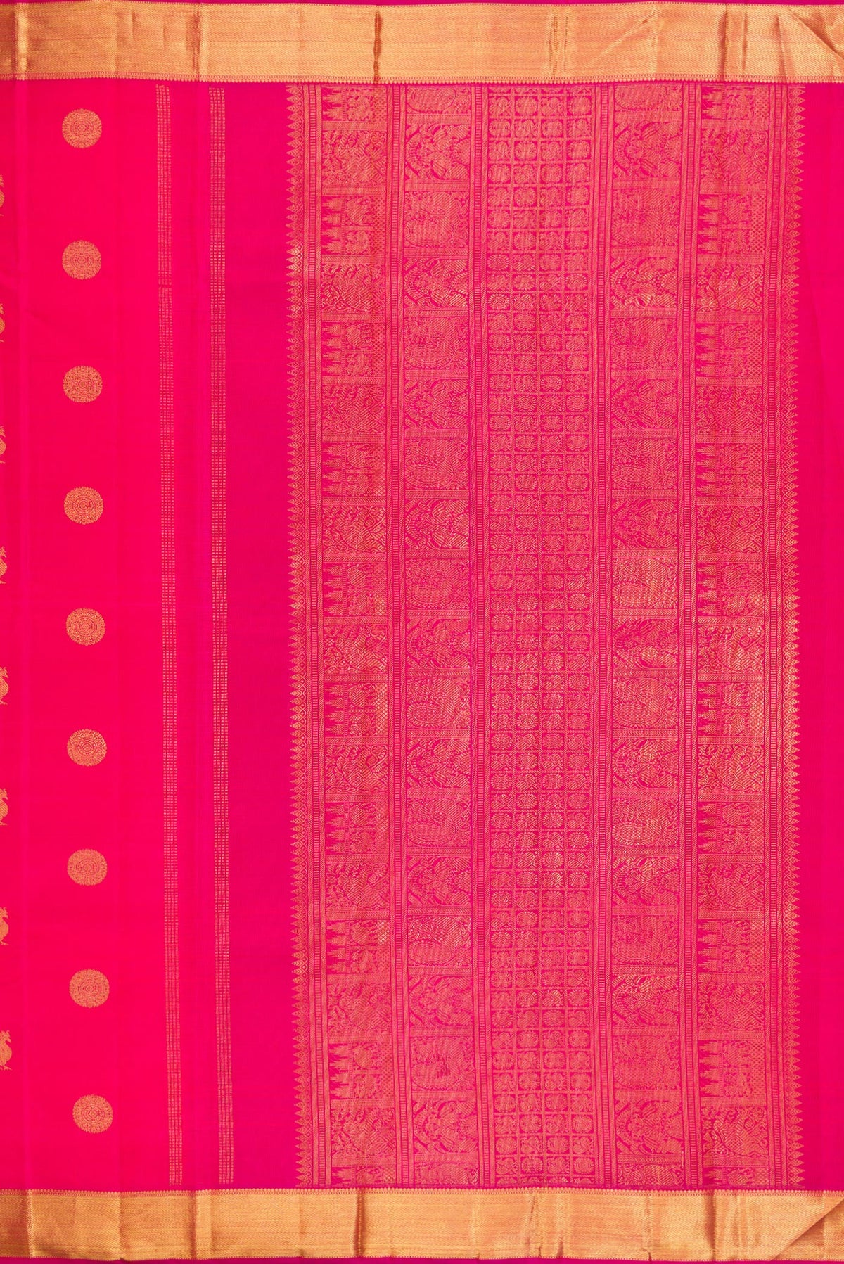 Close up image of the pallu of Pure Silk Pure Zari Pink Kanchipuram Saree with Zari Butta on the body and Zari Border. 