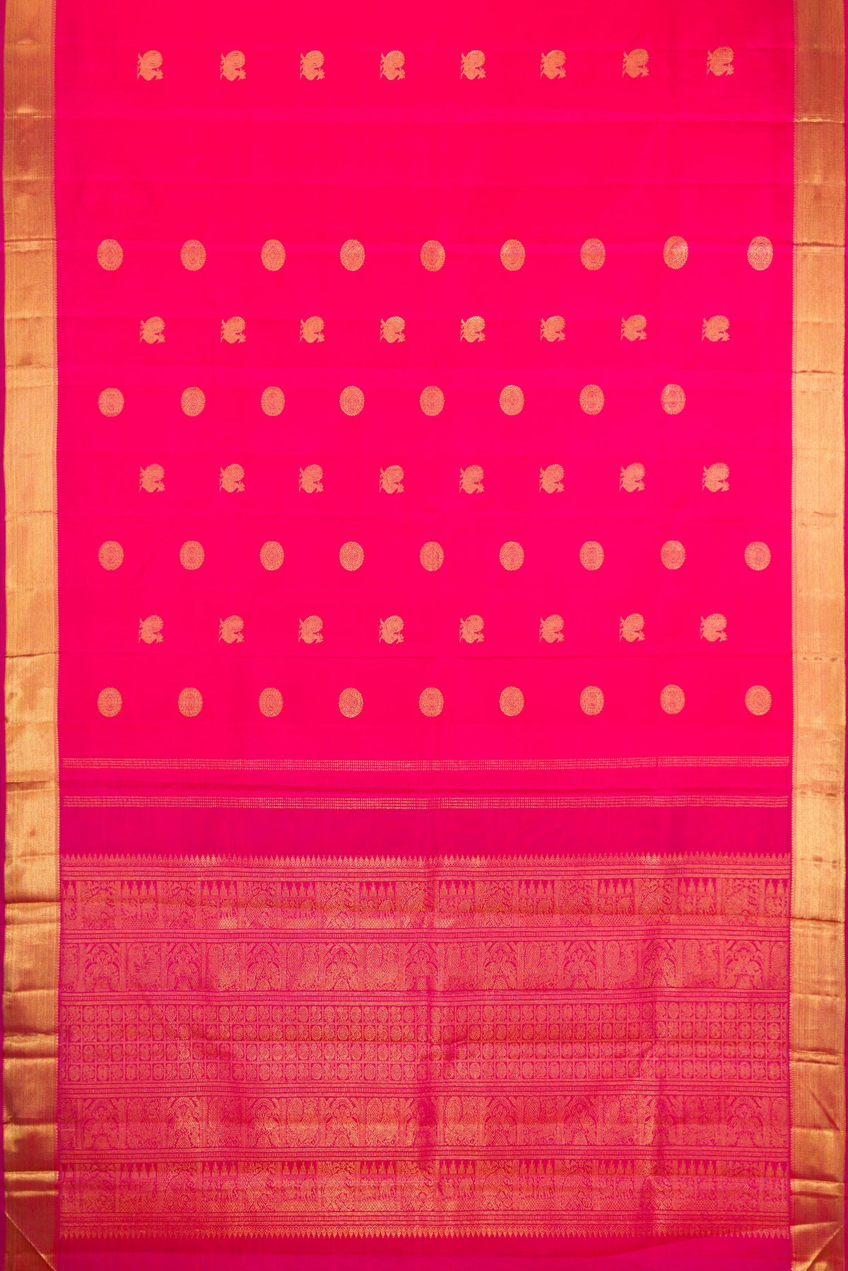 Flat view of Pure Silk Pure Zari Pink Kanchipuram Saree with Zari Butta on the body and Zari Border. 