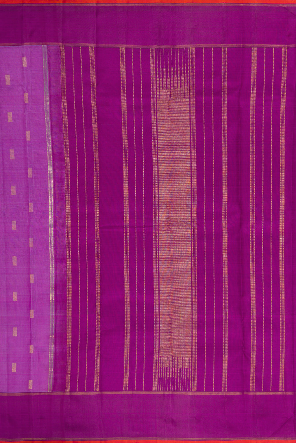 Close up image of the pallu of Pure Silk Pure Zari Purple Dual Tone Kanjivaram Saree with Zari Butta on the body and Zari Border. 