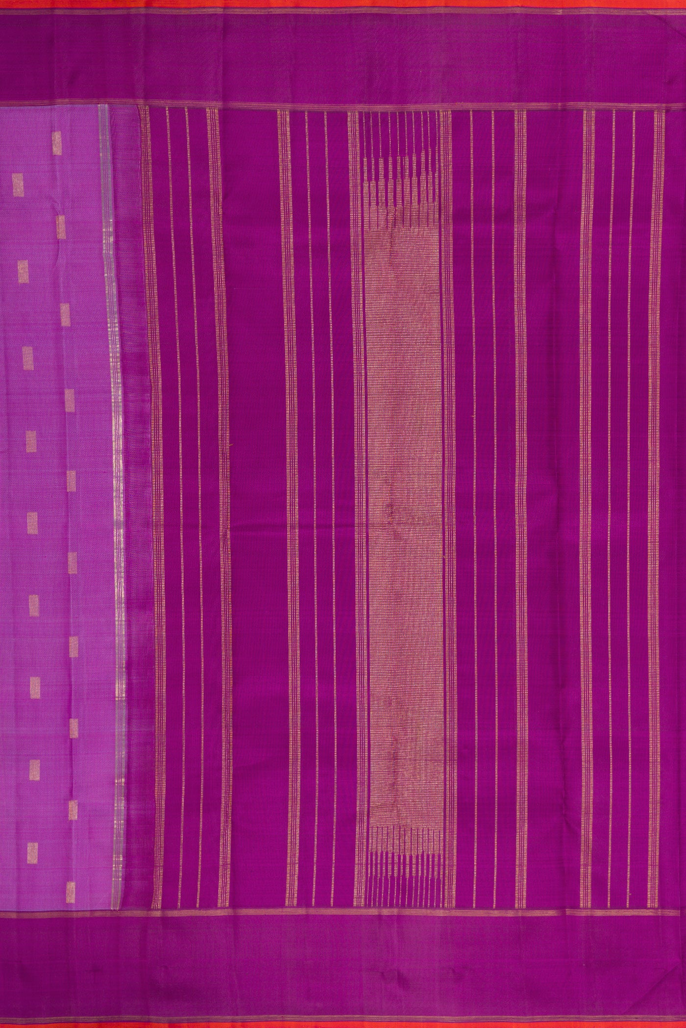 Close up image of the pallu of Pure Silk Pure Zari Purple Dual Tone Kanjivaram Saree with Zari Butta on the body and Zari Border. 