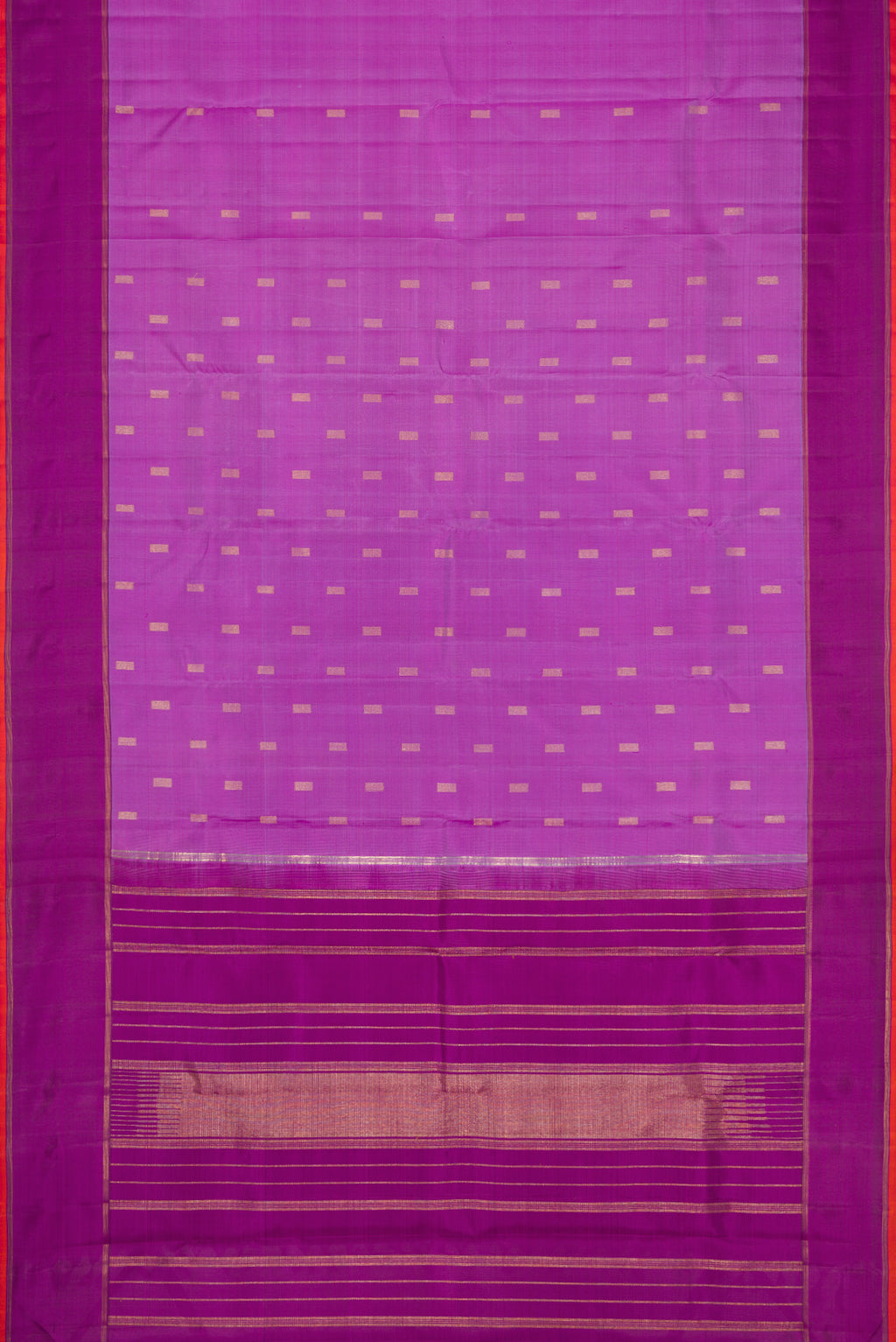 Flat view of Pure Silk Pure Zari Purple Dual Tone Kanjivaram Saree with Zari Butta on the body and Zari Border. 