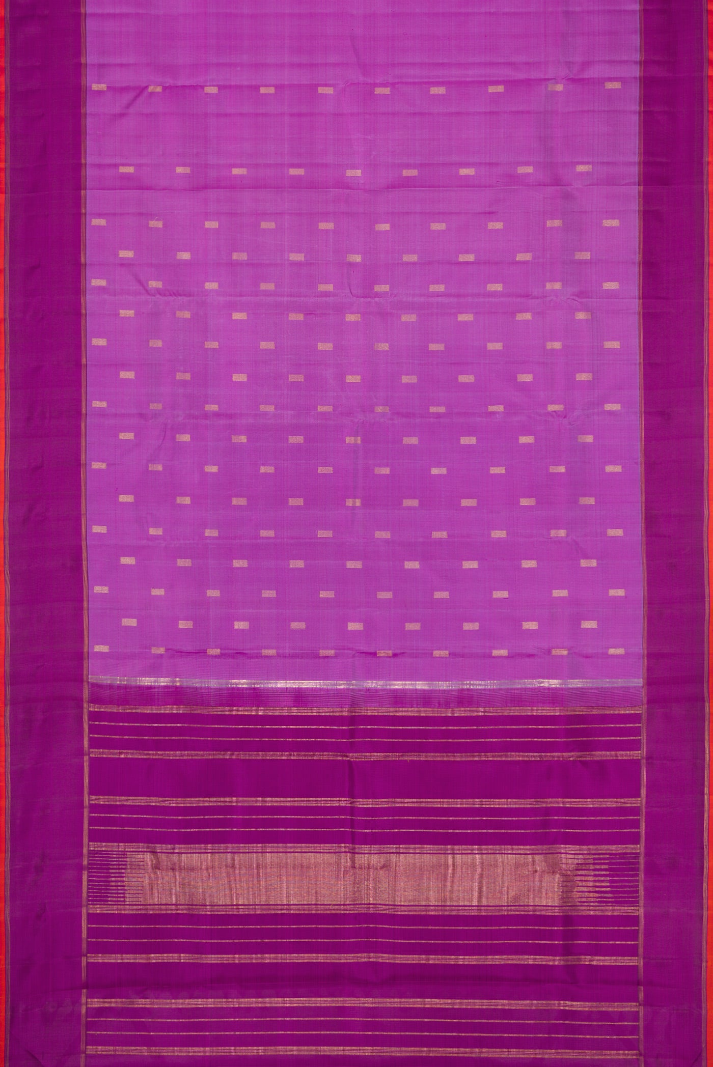 Flat view of Pure Silk Pure Zari Purple Dual Tone Kanjivaram Saree with Zari Butta on the body and Zari Border. 