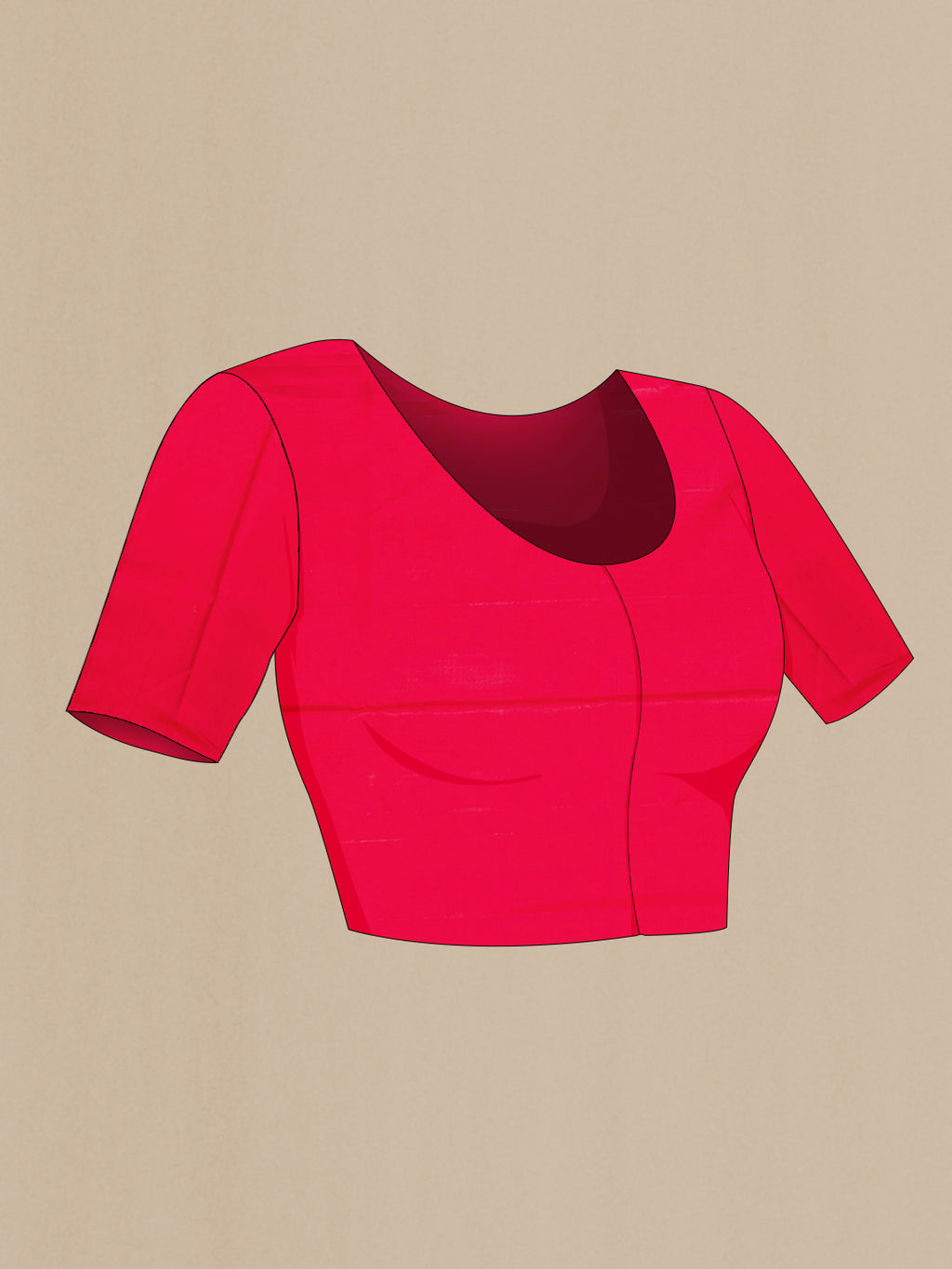 Close up image of the blouse of Red Dual Tone Soft Silk Saree with Zari Butta on the body and Without Border. 