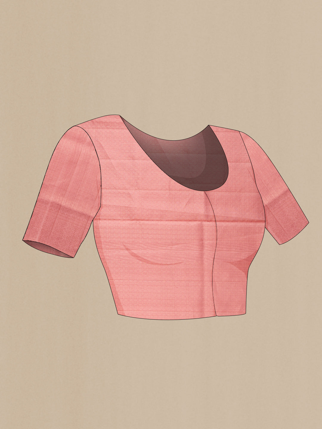 Close up image of the blouse of Rose Gold Dual Tone Soft Silk Saree with Zari Brocade on the body and Zari Border. 