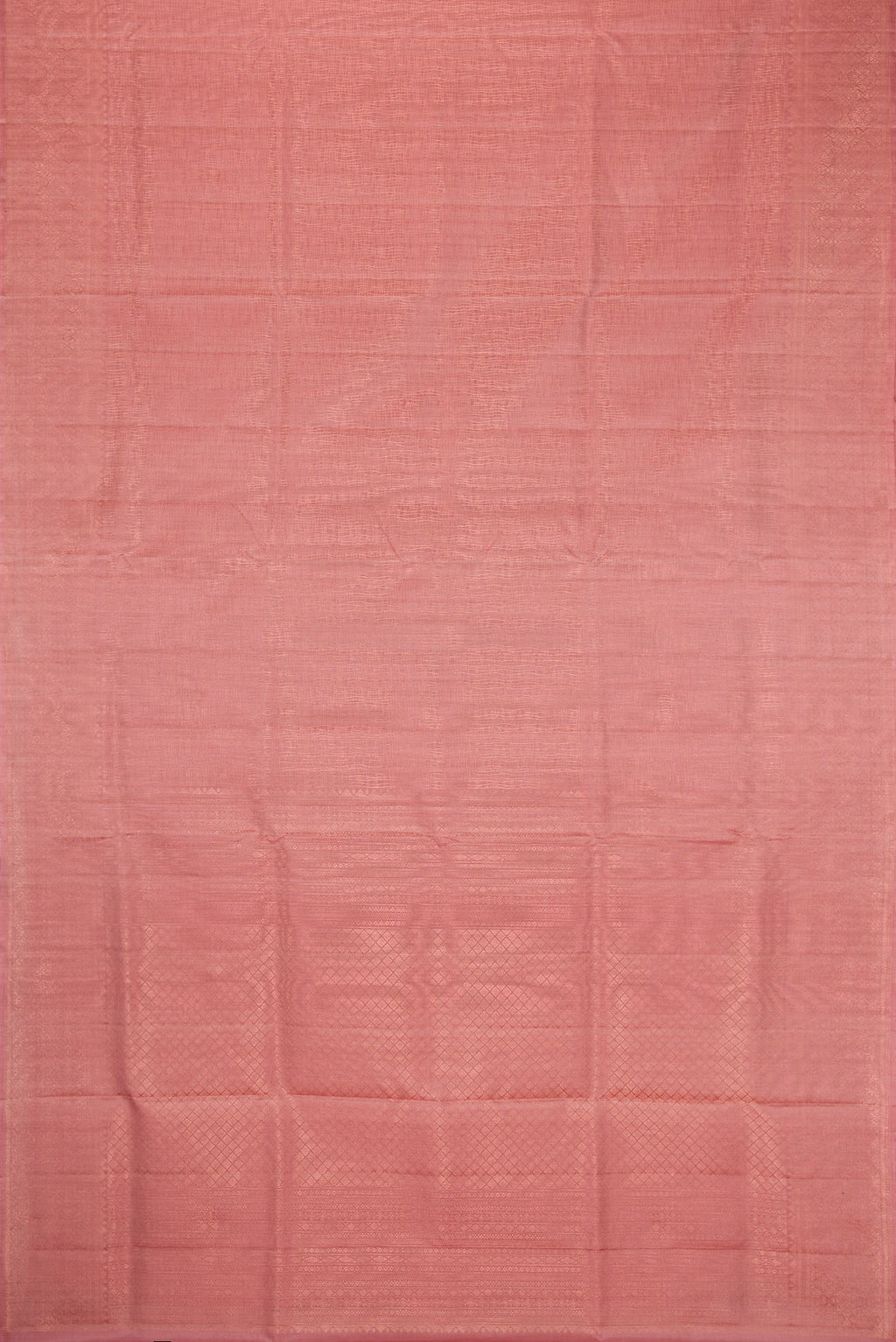 Flat view of Rose Gold Dual Tone Soft Silk Saree with Zari Brocade on the body and Zari Border. 