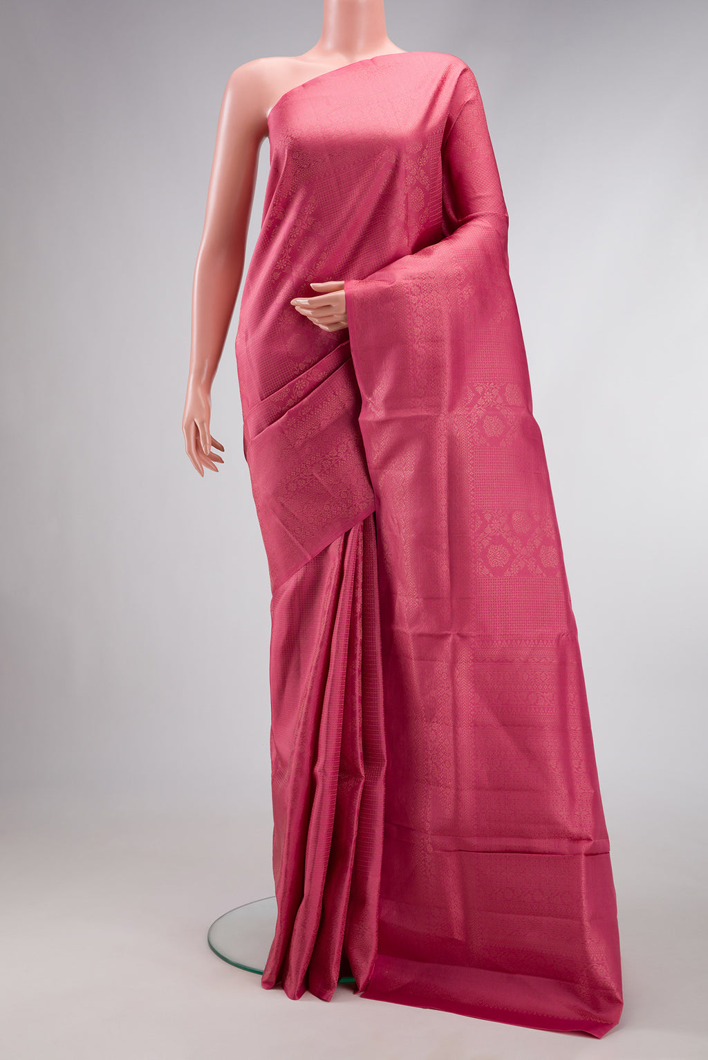 Pink Dual Tone Soft Silk Saree with Zari Butta on the body and Zari Border.  displayed on a mannequin