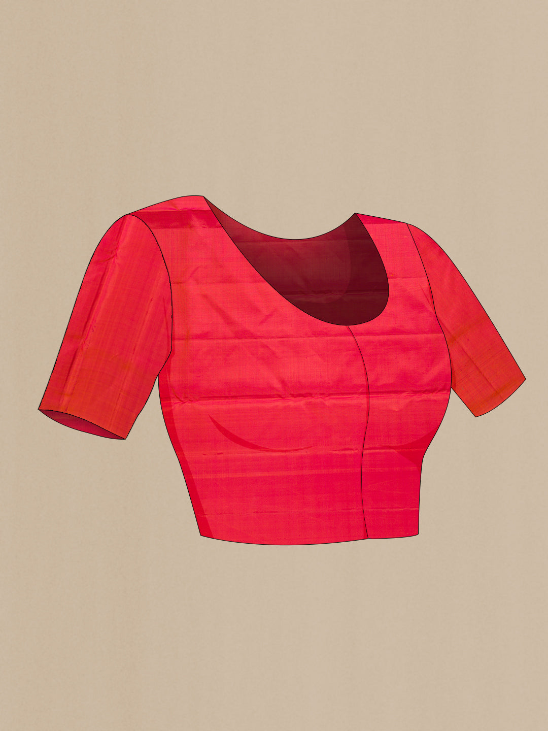 Close up image of the blouse of Brick Orange Dual Tone Soft Silk Saree with Zari Butta on the body and Without Border. 