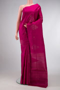 Magenta Dual Tone Soft Silk Saree with Zari Butta on the body and Without Border.  displayed on a mannequin
