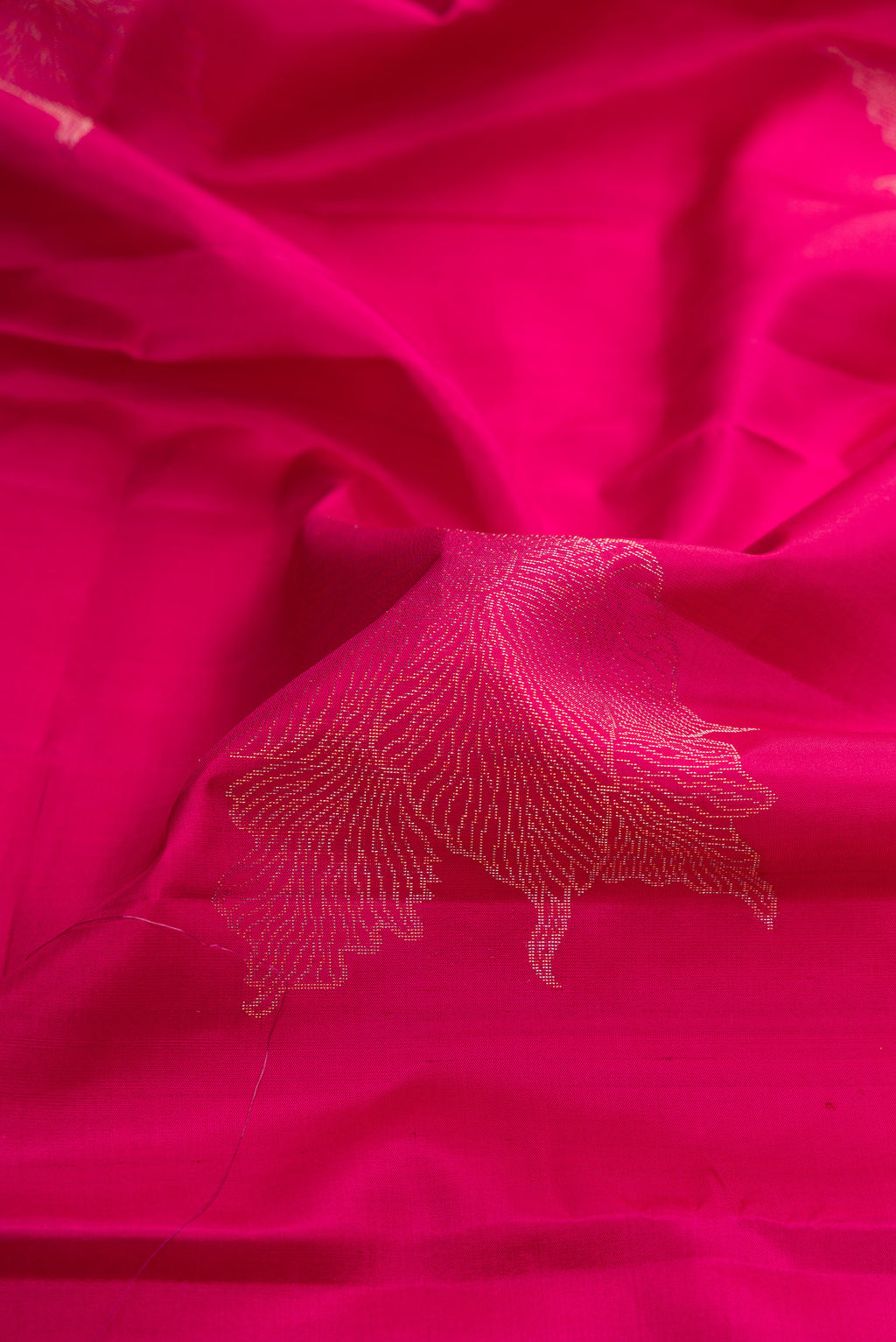 Close up of Dark Pink Dual Tone Soft Silk Saree with Zari Butta on the body and Without Border.  displaying folds