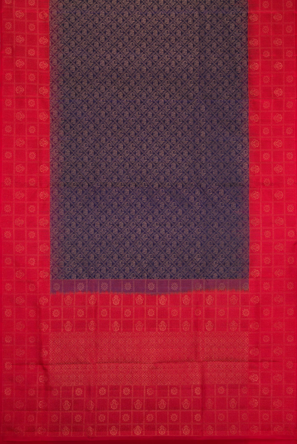 Flat view of Navy Blue Dual Tone Soft Silk Saree with Zari Brocade on the body and Fancy Border. 