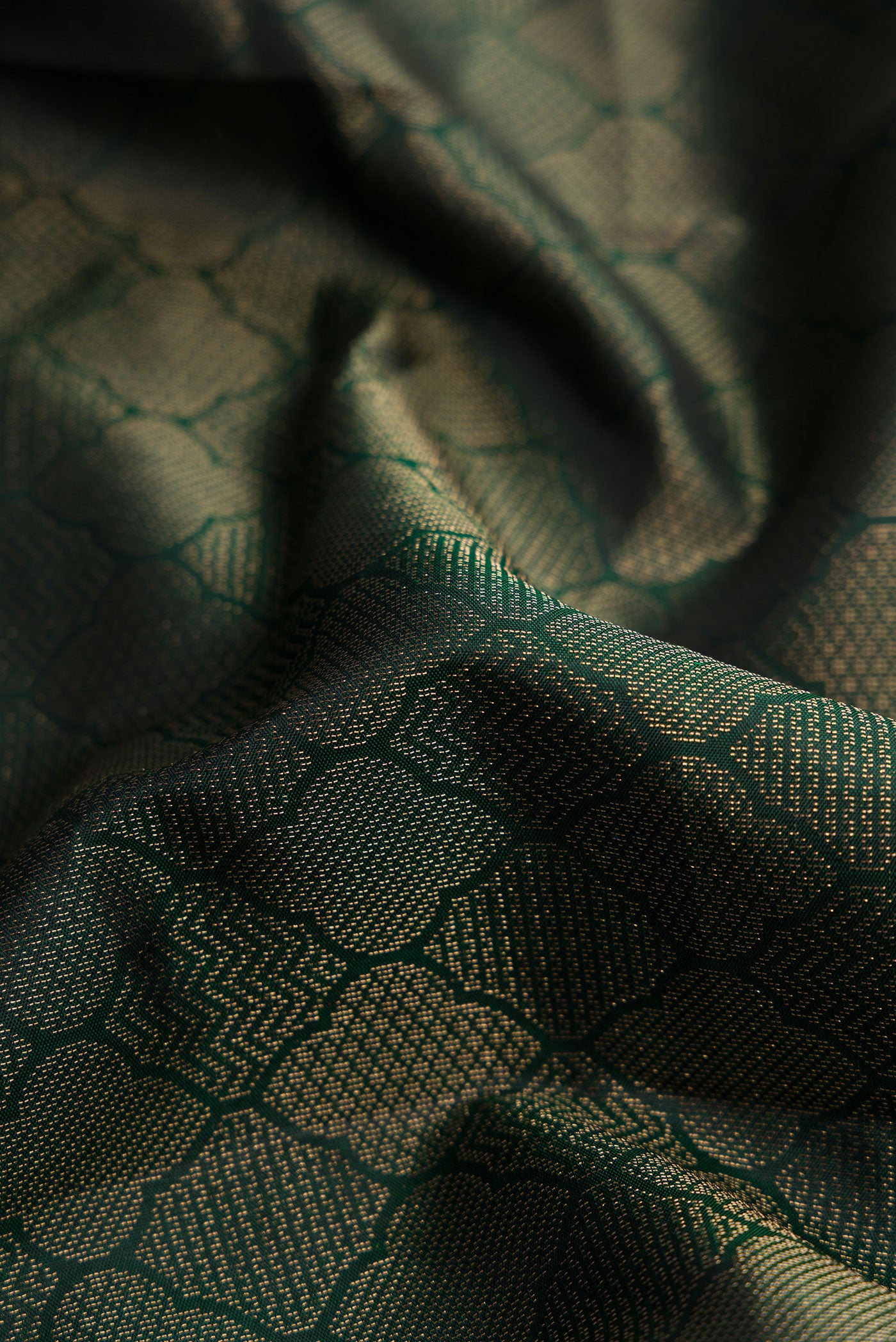 Close up of Bottle Green Dual Tone Soft Silk Saree with Zari Brocade on the body and Fancy Border.  displaying folds