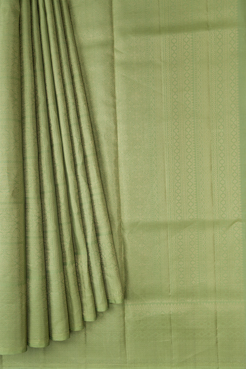 Pleats and pallu of Green Dual Tone Soft Silk Saree with Zari Brocade on the body and Zari Border. 