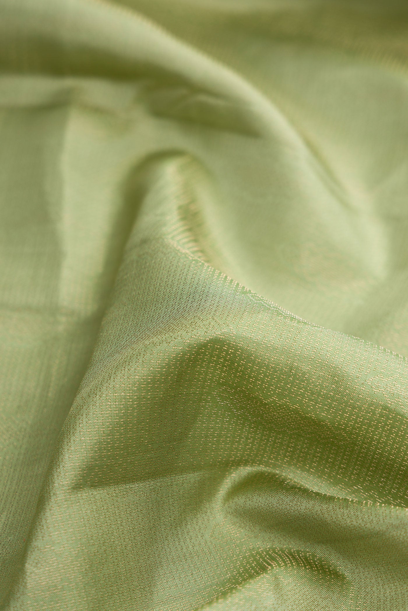 Close up of Pista Green Dual Tone Soft Silk Saree with Zari Brocade on the body and Fancy Border.  displaying folds