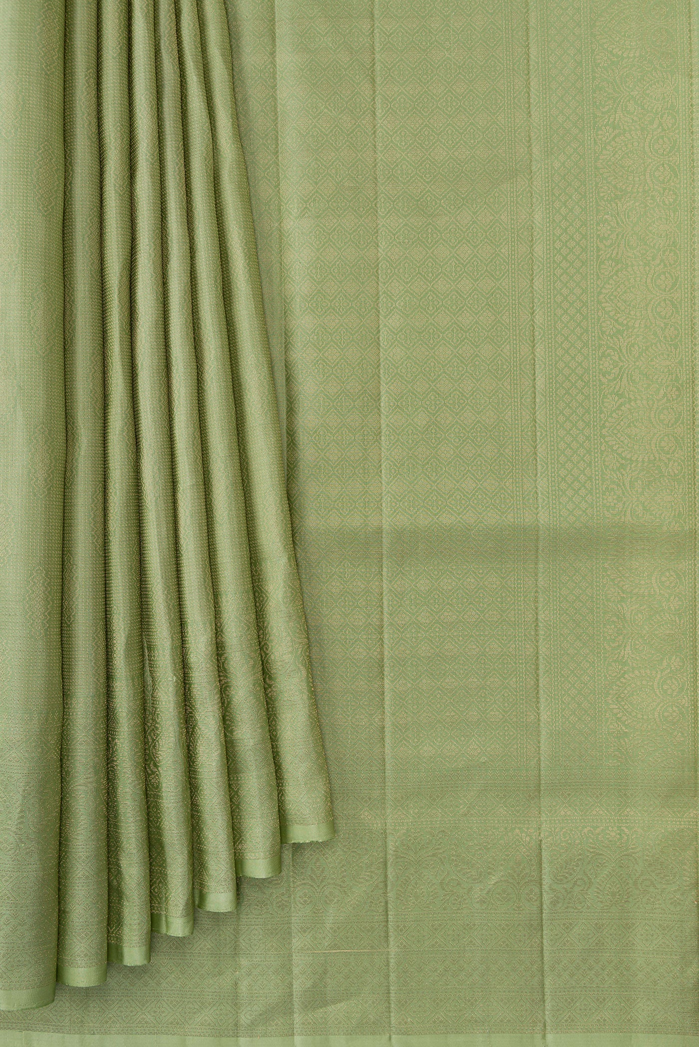 Pleats and pallu of Pista Green Dual Tone Soft Silk Saree with Zari Brocade on the body and Fancy Border. 