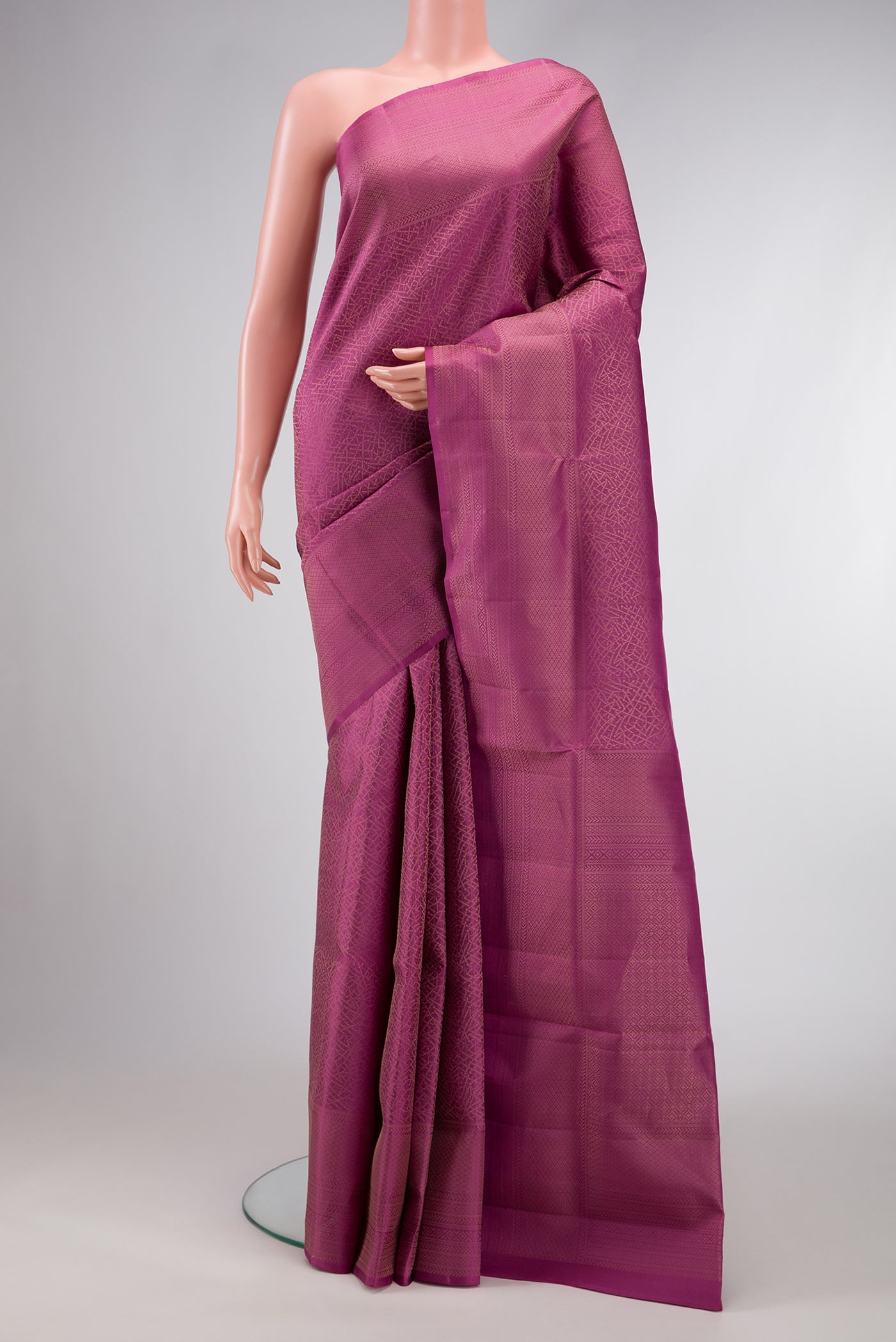 Purple Dual Tone Soft Silk Saree with Zari Brocade on the body and Zari Border.  displayed on a mannequin