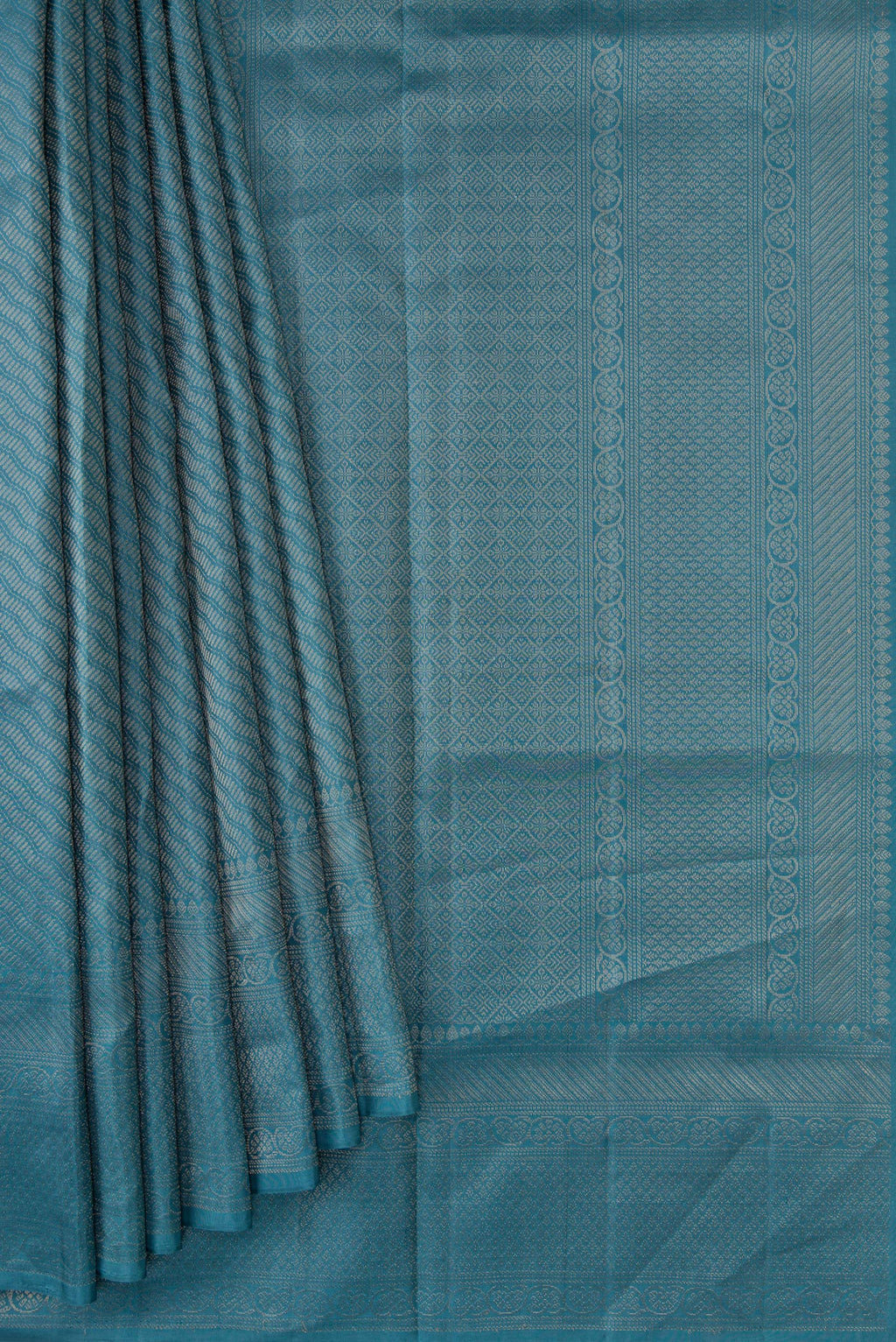 Pleats and pallu of Maya Blue Dual Tone Soft Silk Saree with Zari Brocade on the body and Fancy Border. 