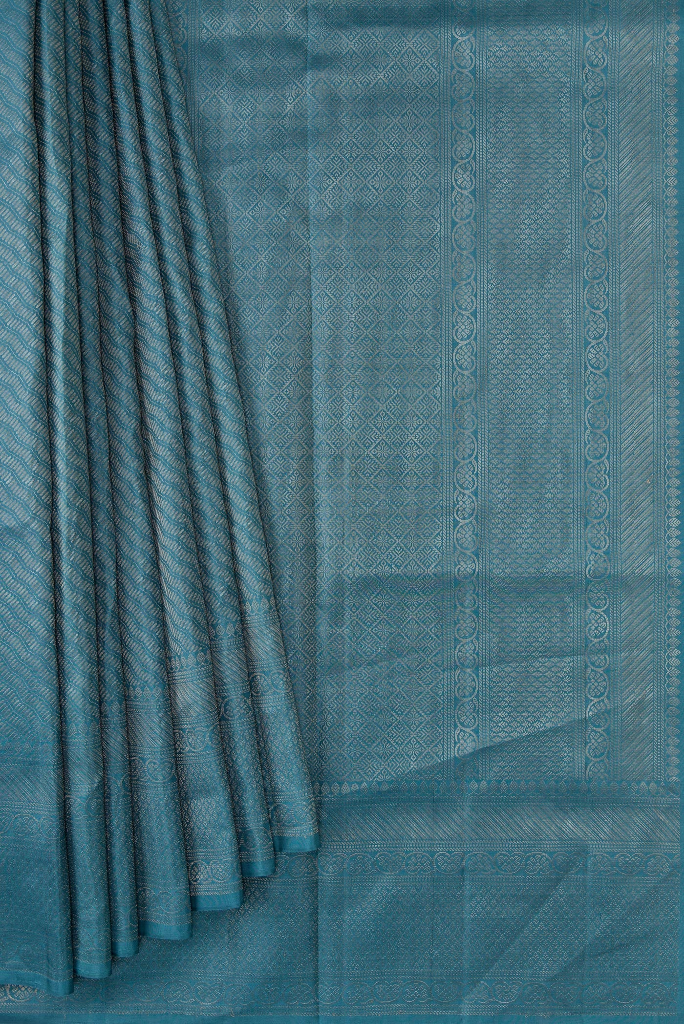 Pleats and pallu of Maya Blue Dual Tone Soft Silk Saree with Zari Brocade on the body and Fancy Border. 