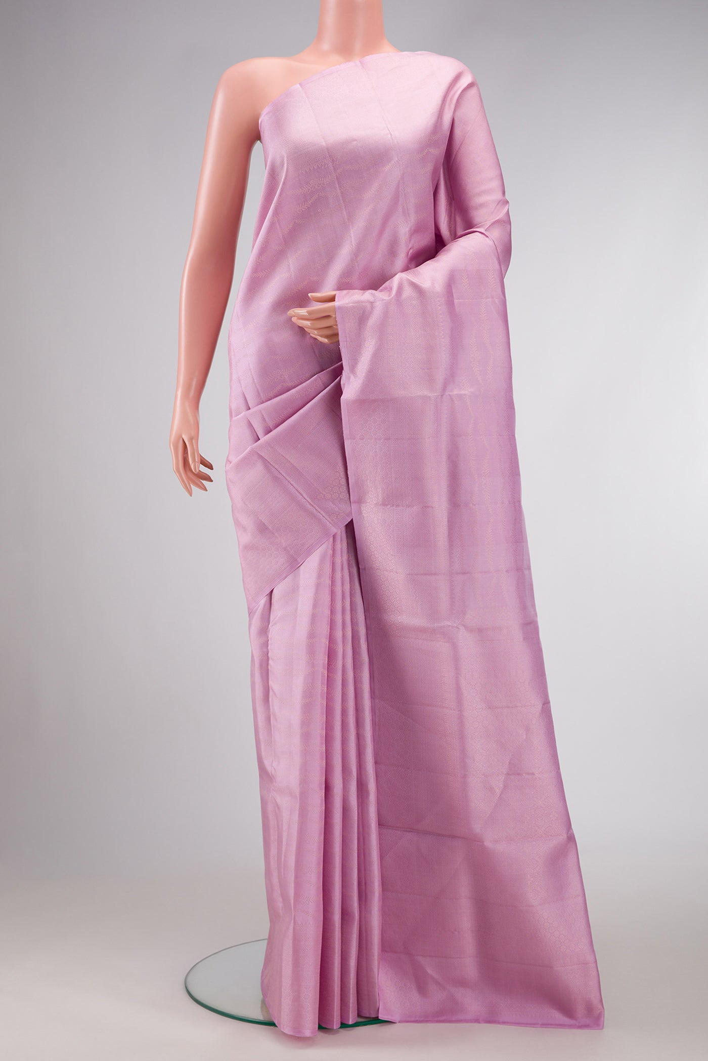 Pink Dual Tone Soft Silk Saree with Zari Brocade on the body and Fancy Border.  displayed on a mannequin