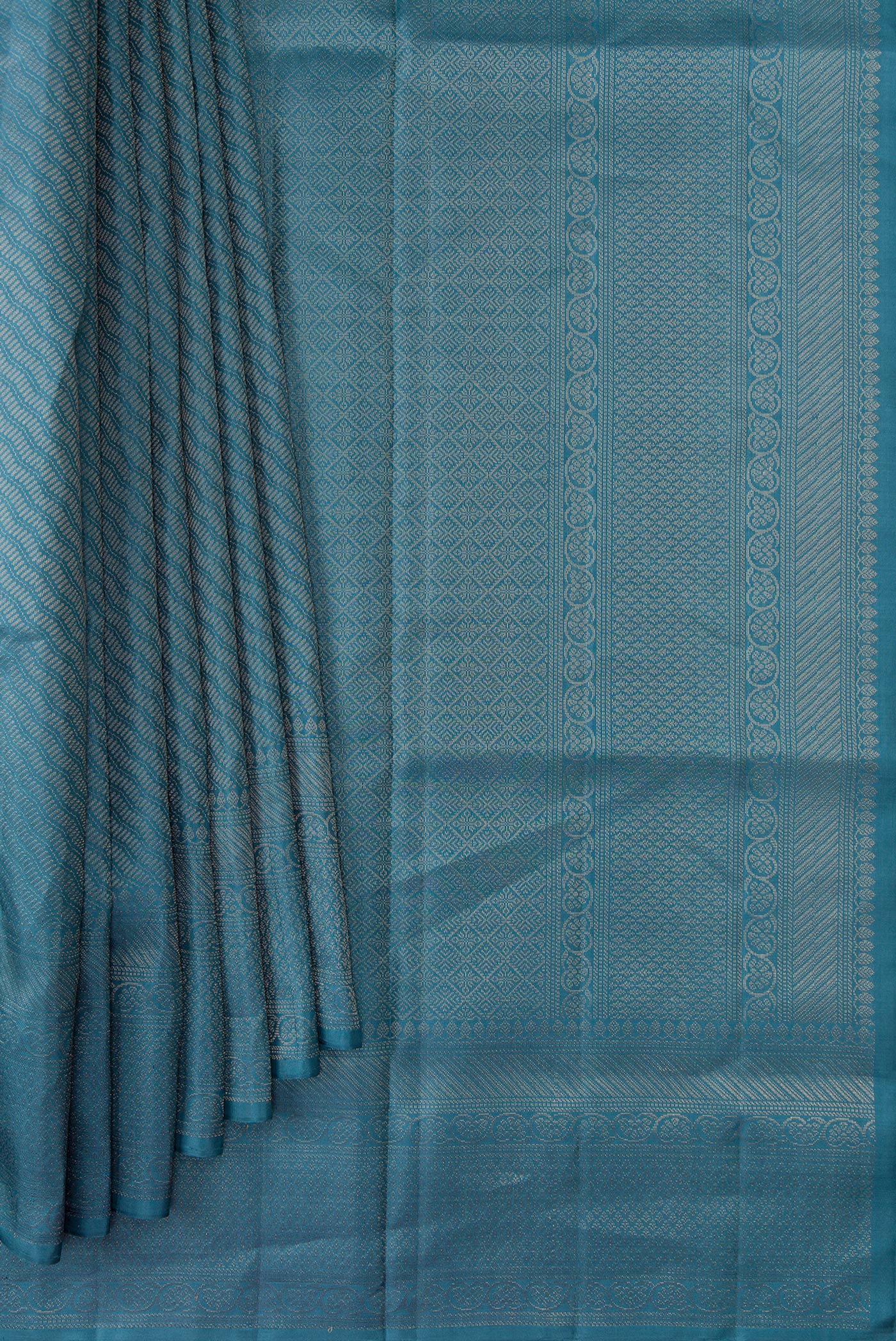Pleats and pallu of Maya Blue Dual Tone Soft Silk Saree with Zari Brocade on the body and Fancy Border. 