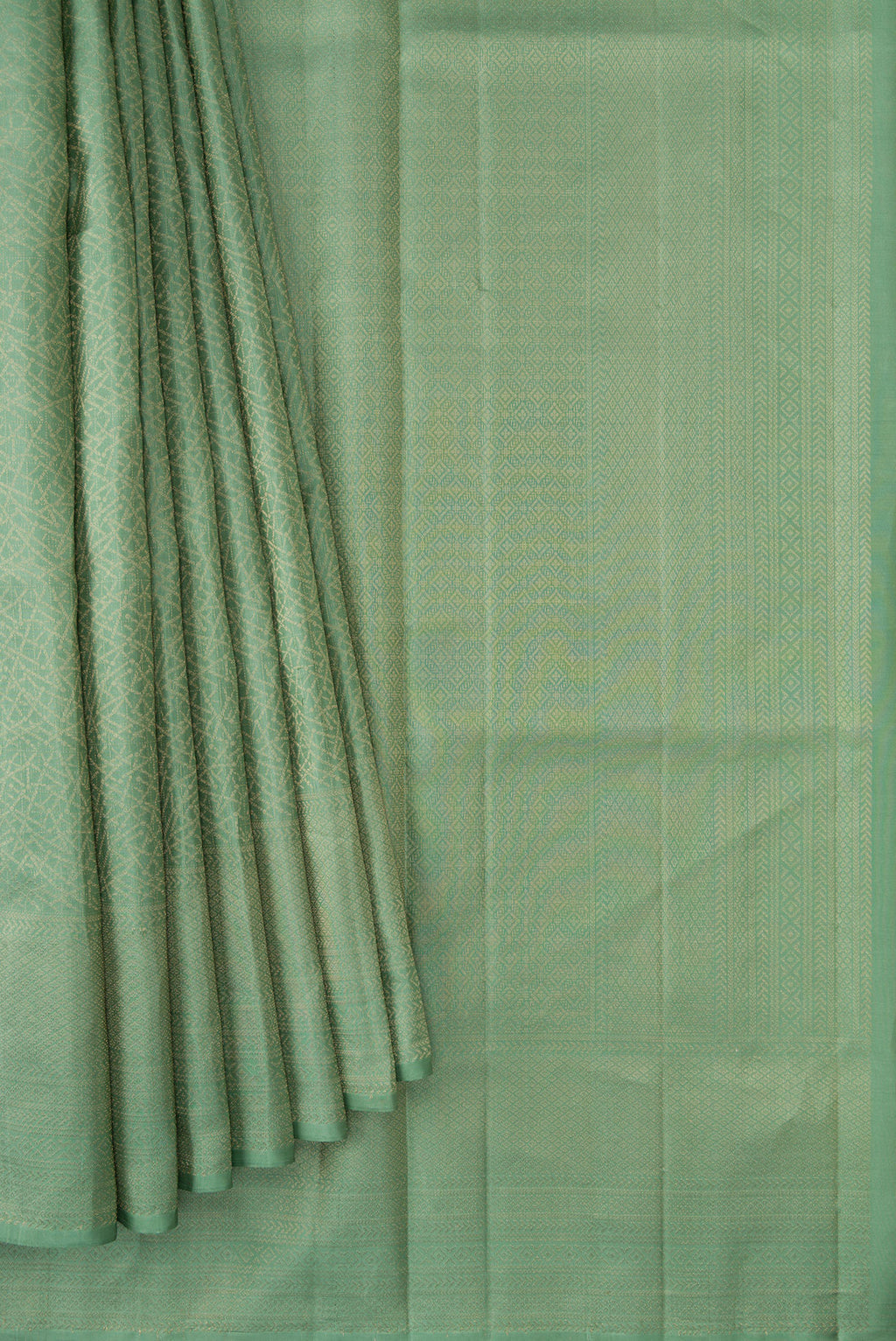 Pleats and pallu of Pista Green Dual Tone Soft Silk Saree with Zari Brocade on the body and Fancy Border. 