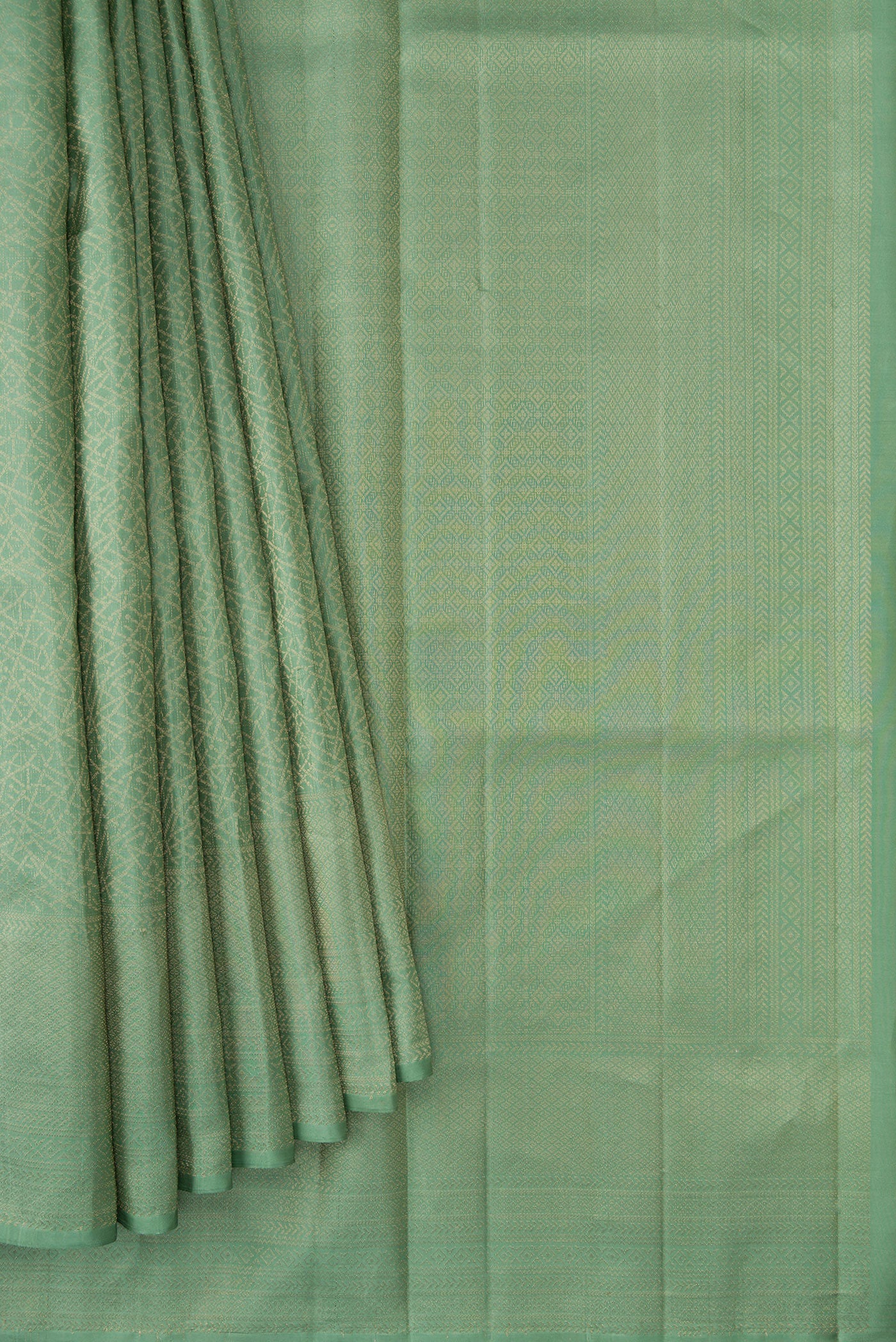 Pleats and pallu of Pista Green Dual Tone Soft Silk Saree with Zari Brocade on the body and Fancy Border. 