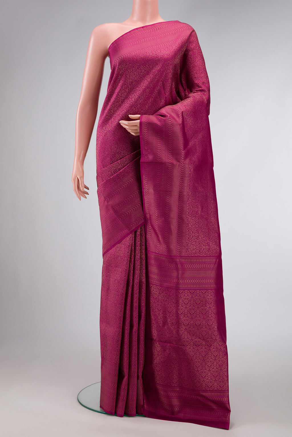 Dark Pink Dual Tone Soft Silk Saree with Zari Brocade on the body and Fancy Border.  displayed on a mannequin