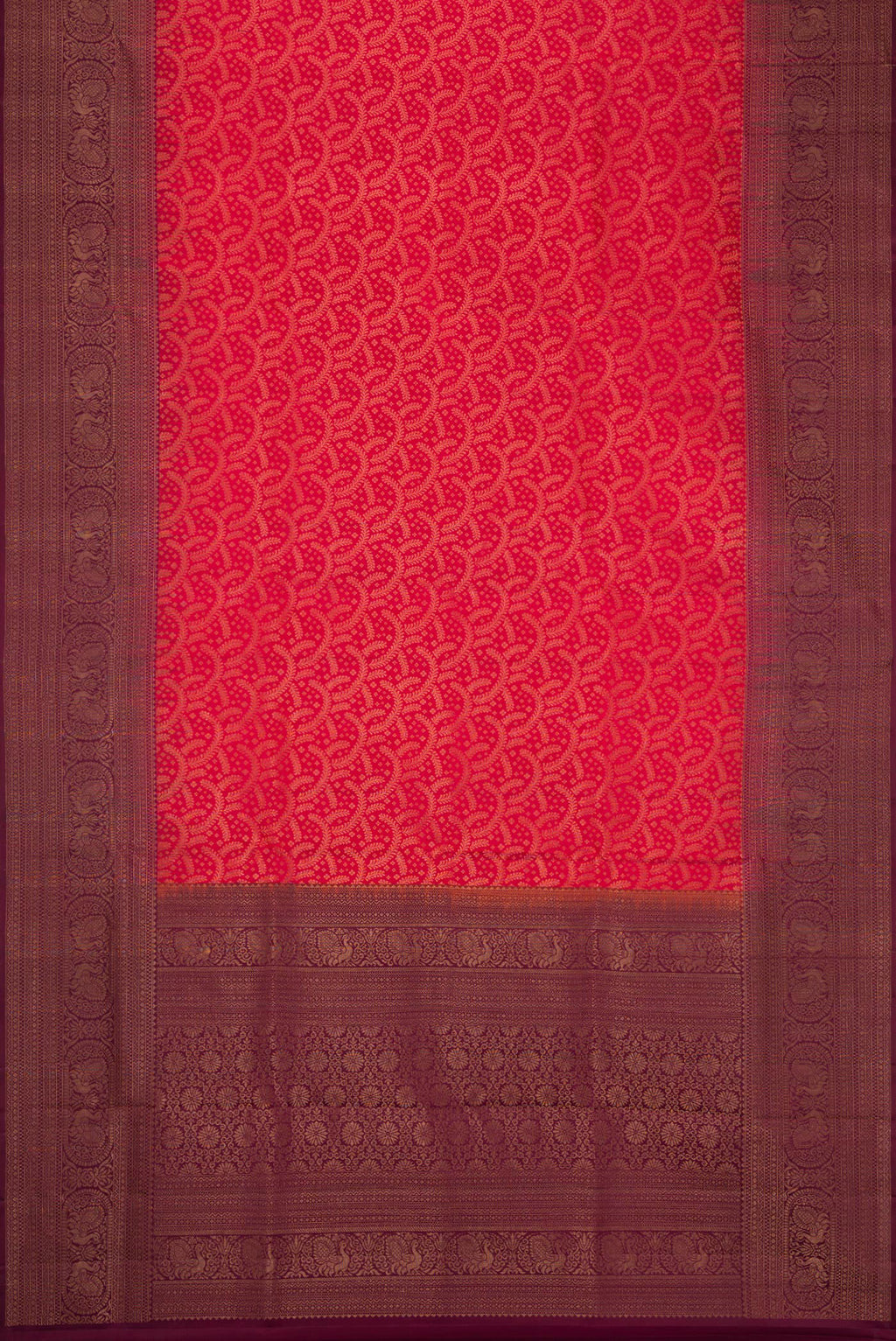 Flat view of Brick Orange Dual Tone Soft Silk Saree with Zari Brocade on the body and Fancy Border. 